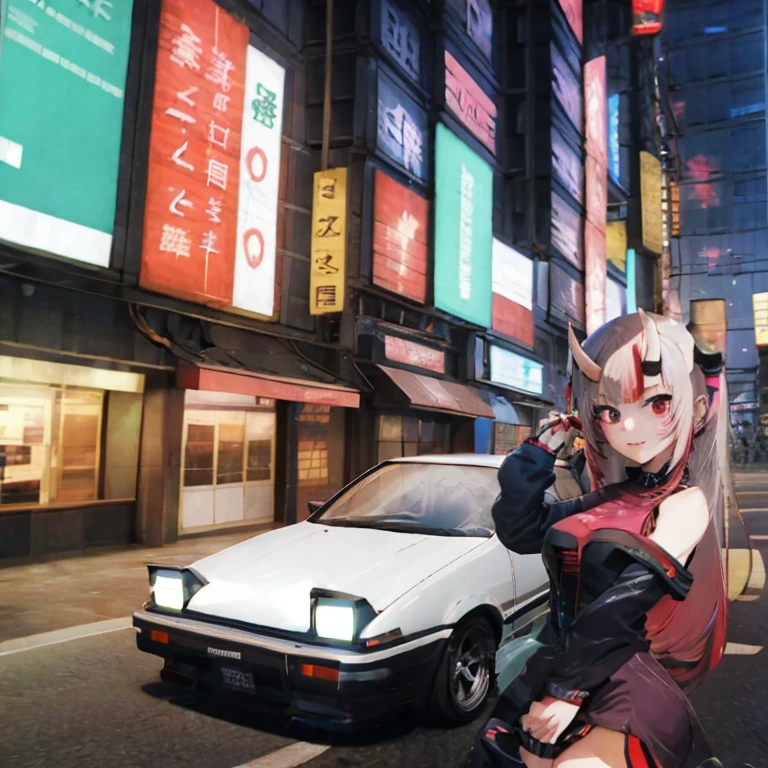 Anime girl on the street with cars and cars, art deco outrun anime aesthestic, cyberpunk streets in japan, Tokyo Anime Scene, best anime 4k konachan wallpaper, Anime style 4 k, in the cyberpunk city, Anime style. 8K, anime cyberpunk, anime cyberpunk art, 8 0 s anime vibe, Cyberpunk Anime Girl, neo tokyo background、A slight smil