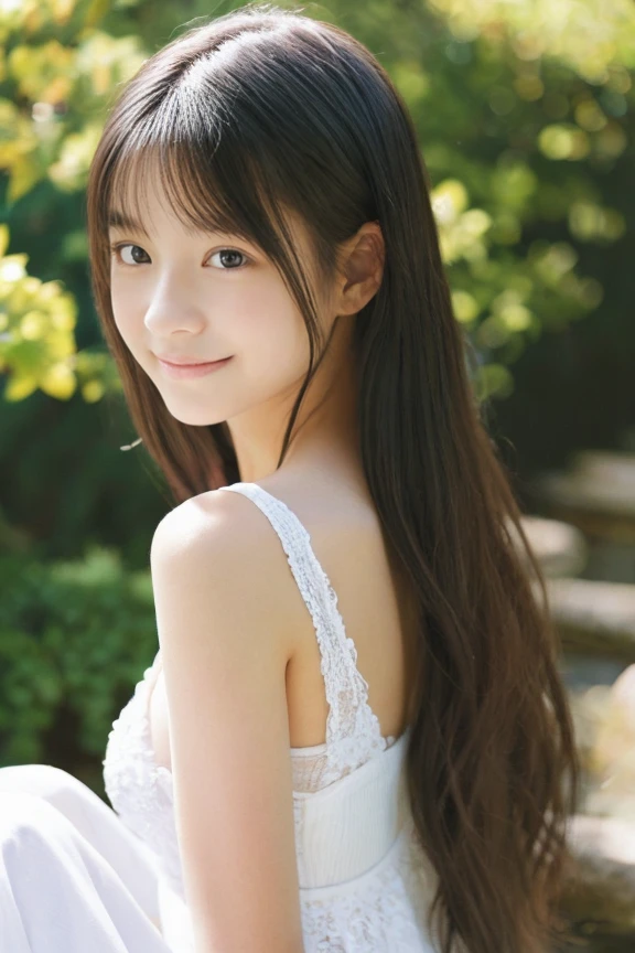 ​masterpiece、top-quality、ultra-detailliert、illustratio、inky、Beautiful fece詳細な顔、intricate-detail、hight resolution、Detailed light、独奏、sunlight、女の子1人、japanes、feminine、gentle face、Slimed、Small breasts、sixteen years old、White lace camisole、a miniskirt、cleavage of the breast、kindly smile、Beautiful fece、A dark-haired、blurry backround、Pretty face、tied hair