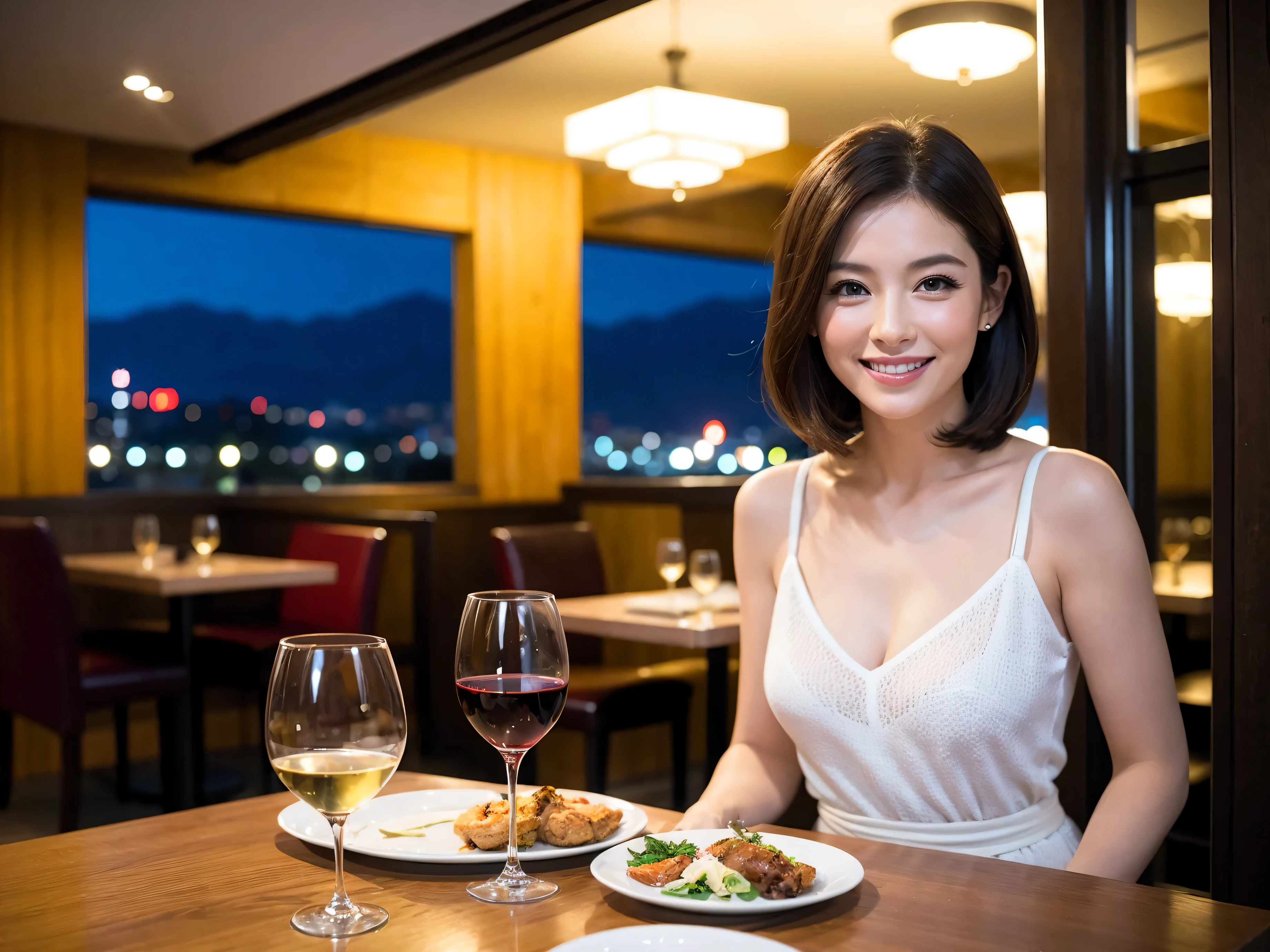 (64k uhd, nffsw, of the highest quality, masutepiece: 1.2), (Realistic, Photorealistic: 1.37), Pretty Woman 1, (Slim Face), (slimボティ), (Brown hair), (short-cut), Americana、Frenchman、cheeks blush a little, (40 years old), 38 years, Solo, A beautiful and detailed night view spreads out outside the window.........., restaurant, wine glassesに座って, At night, In a prominent place (from waist up) NovaFrogStyle, actress, Model, waist-up, white wine, slim, wine glasses, Super clean night view, 真ん中に置かれたwine glasses, Happy smile, (Smile: 1.15), Beautiful fine eyes, Upper body, Bust Japan Up, Night, Short, Short, actress, Model, waist-up, white wine, slim, wine glasses, Super clean night view, 真ん中に置かれたwine glasses, Happy smile,