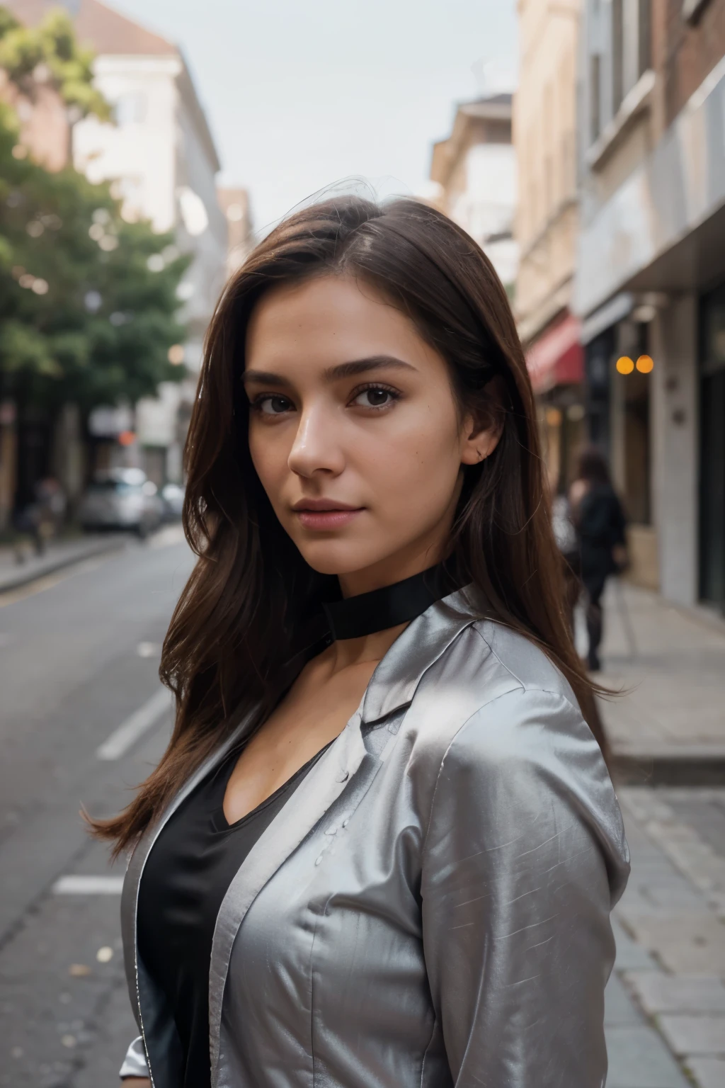 1 Woman, (Realstic:1), Content, fully body portrait , 24 year old, ((face, happy)), stunning RAW , the beautiful face, long brown hair, ultra beautiful woman, miss univers, sharp focus, highly detailed, 8k UHD, natural lighting, octane render, maximum detail, hyper-detailed, hyper-realistic, ultra-detailed, highest detail quality, ultra-realistic, shot with Canon r5 35mm lens f/ 5. 6 --ar 69:128 --style raw --v 5. 2, (high detail skin: 1.2), 8k uhd, DSLR, soft light, high quality, film grain, 20mp, Fuji XT3 , 80mm, Hasselblad, perfect eyes, solo and her happiness radiates from the image, analog style (gaze towards viewer:1.2) (skin texture, no make-up, natural make-up) (film grain:1. 3, front view, very detailed, natural, high resolution, best quality, intricate detail, very detailed, detailed skin, realistic skin texture, texture, detailed eyes, professional, 4k, kodak color vision, extremely detailed, photorealistic, realistic, post-processing, maximum detail, roughness, real life, ultra realistic, photorealism , on a street wearig black satin collar blazer dress