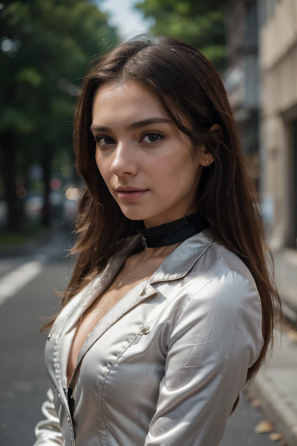 1 Woman, (Realstic:1), Content, fully body portrait , 24 year old, ((face, happy)), stunning RAW , the beautiful face, long brown hair, ultra beautiful woman, miss univers, sharp focus, highly detailed, 8k UHD, natural lighting, octane render, maximum detail, hyper-detailed, hyper-realistic, ultra-detailed, highest detail quality, ultra-realistic, shot with Canon r5 35mm lens f/ 5. 6 --ar 69:128 --style raw --v 5. 2, (high detail skin: 1.2), 8k uhd, DSLR, soft light, high quality, film grain, 20mp, Fuji XT3 , 80mm, Hasselblad, perfect eyes, solo and her happiness radiates from the image, analog style (gaze towards viewer:1.2) (skin texture, no make-up, natural make-up) (film grain:1. 3, front view, very detailed, natural, high resolution, best quality, intricate detail, very detailed, detailed skin, realistic skin texture, texture, detailed eyes, professional, 4k, kodak color vision, extremely detailed, photorealistic, realistic, post-processing, maximum detail, roughness, real life, ultra realistic, photorealism , on a street wearig black satin collar blazer dress