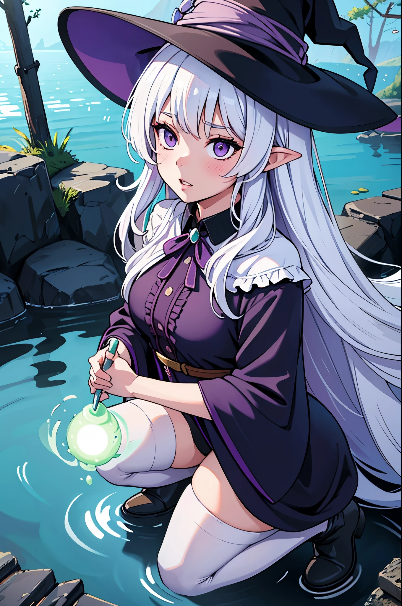 1woman, long hair, white hair, mature, parted lips, blush, witch hat, dark purple witch robe, river area, being attacked by slime monsters, light rays, glow, white stockings, witch boots, narrow waist, (masterpiece), wallpaper, full body photo, wide angle, from above, 8k uhd, dslr, soft lighting, high quality, photorealistic, realism, hyperrealism, art photography.