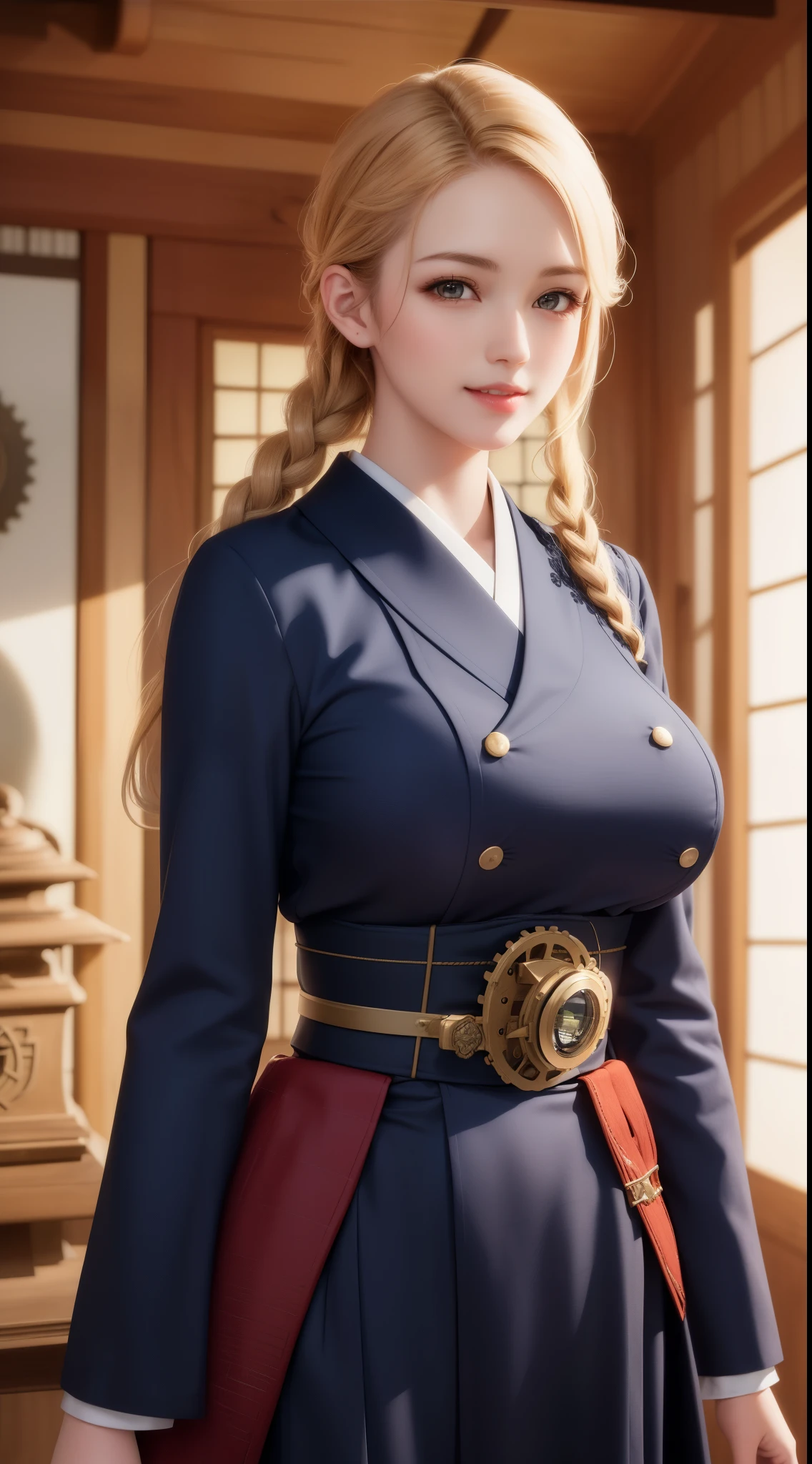 (1lady through the viewfinder:1.4), solo, 25 years old, (big breasts:1.3), (athletic body:1.3), (muscular:1.3), (slim face:1.2), , (detailed beautiful skin textures, detailed beautiful face, ultra detailed clothing textures), european and American style beautiful girl, blue eyes, (blond long braid), , (granblue fantasy style:1.1), (ultra detailed long sleeved ceremonial school uniform:1.4), (ultra detailed Abdominal belt:1.3), (ultra detailed shrine maiden's hakama:1.3), , (grin:1.1), , (standing), (upper_body:1.2), front view, (view straight on:1.1), , (ultra detailed at 1850s steampunk-style traditional Japanese streets:1.5), , bloom, softlighting, , (sepia tone:0.6), (Faded old photo style:1.4), (masterpiece:1.1), (best quality:1.2), 8k, ultra detailed, illustration, distinct_image, intricate_details, (delicate illustration:1.2), (Very old photograph:1.2), (realistic:0.1), smile,