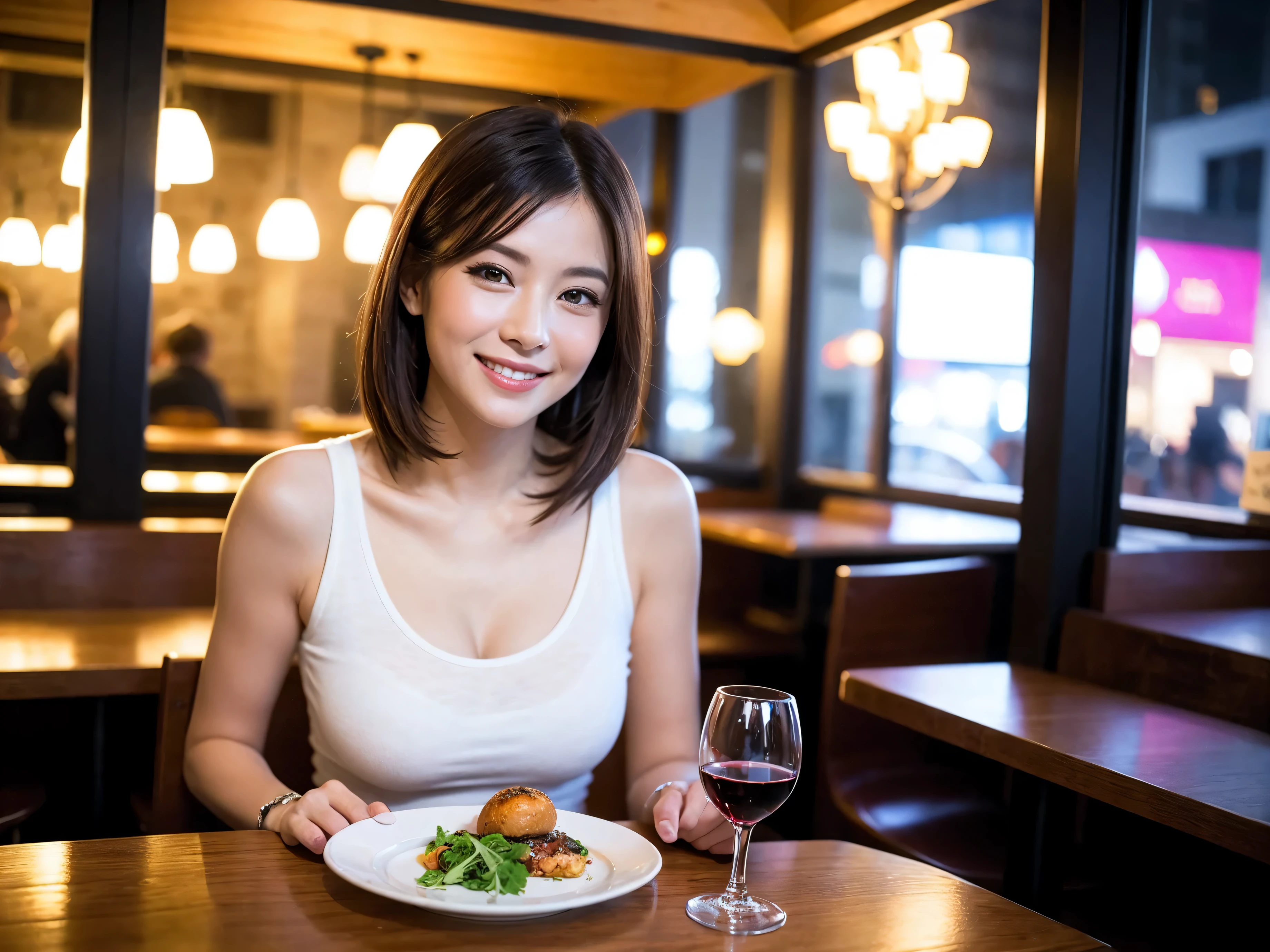 (64k uhd, nffsw, of the highest quality, masutepiece: 1.2), (Realistic, Photorealistic: 1.37), Pretty Woman 1, (Slim Face), (slimボティ), (Brown hair), (short-cut), Americana、Frenchman、cheeks blush a little, (40 years old), 38 years, Solo, A beautiful and detailed night view spreads out outside the window.........., restaurant, wine glassesに座って, At night, In a prominent place (from waist up) NovaFrogStyle, actress, Model, waist-up, white wine, slim, wine glasses, Super clean night view, 真ん中に置かれたwine glasses, Happy smile, (Smile: 1.15), Beautiful fine eyes, Upper body, Bust Japan Up, Night, Short, Short, actress, Model, waist-up, white wine, slim, wine glasses, Super clean night view, 真ん中に置かれたwine glasses, Happy smile,