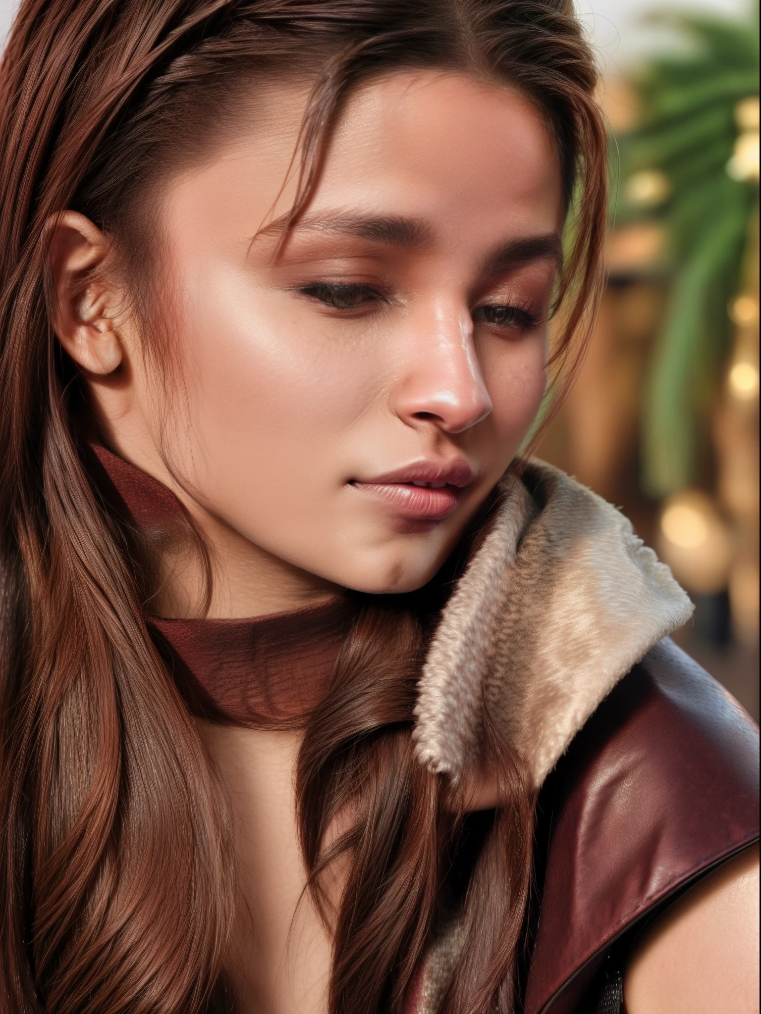 hires close up photo of a albh woman, outdoors, realistic skin texture, looking looking at camera, sleeveless turtleneck, ,in a club kissing