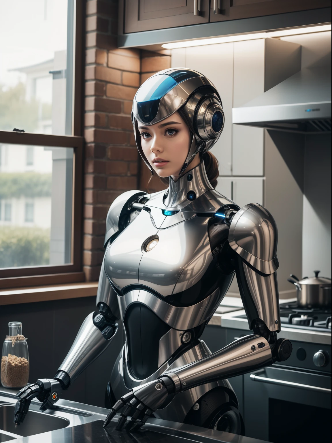 biomechanical style, woman flirting with with the kitchen, masterpiece, superior aesthetics, <lora:Wiz-VintageComicBookCover_v01:1.4>, eye-catching, highly detailed, blend of organic and mechanical elements, futuristic, cybernetic, detailed, intricate