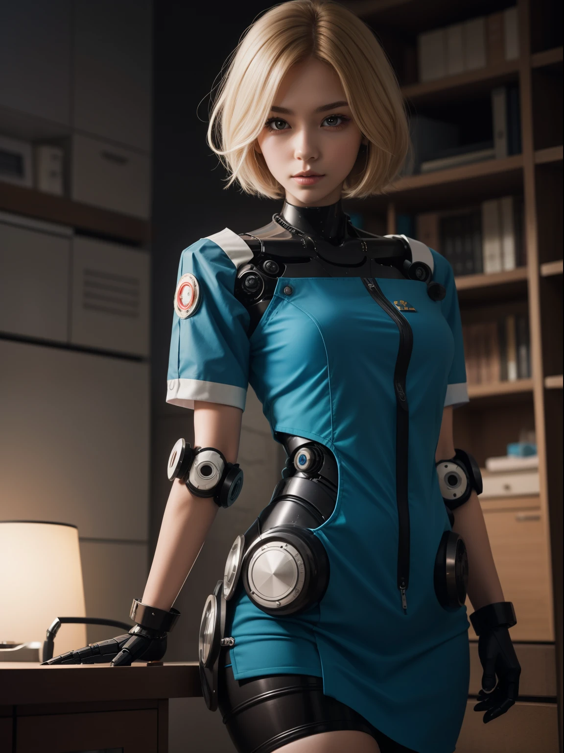 robot-girl,short detailed hair,Metal body,She is a doctor,Taking care of the elderly