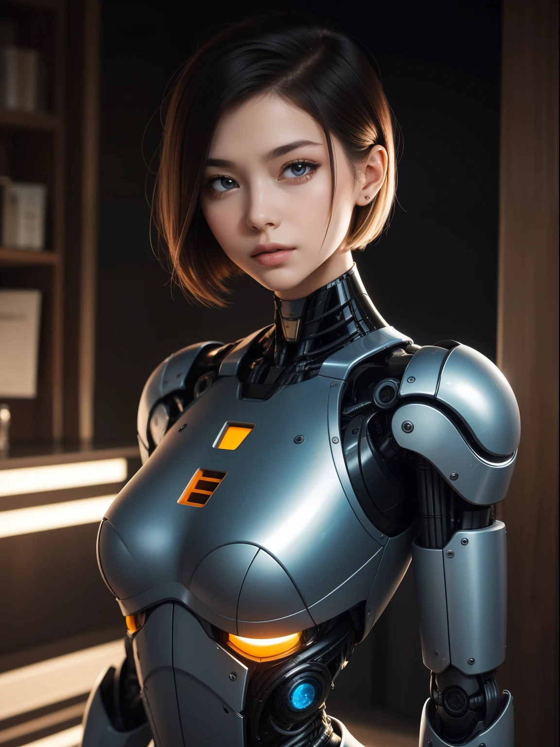 robot-girl，short detailed hair，Metal body，She is a doctor，Taking care of the elderly