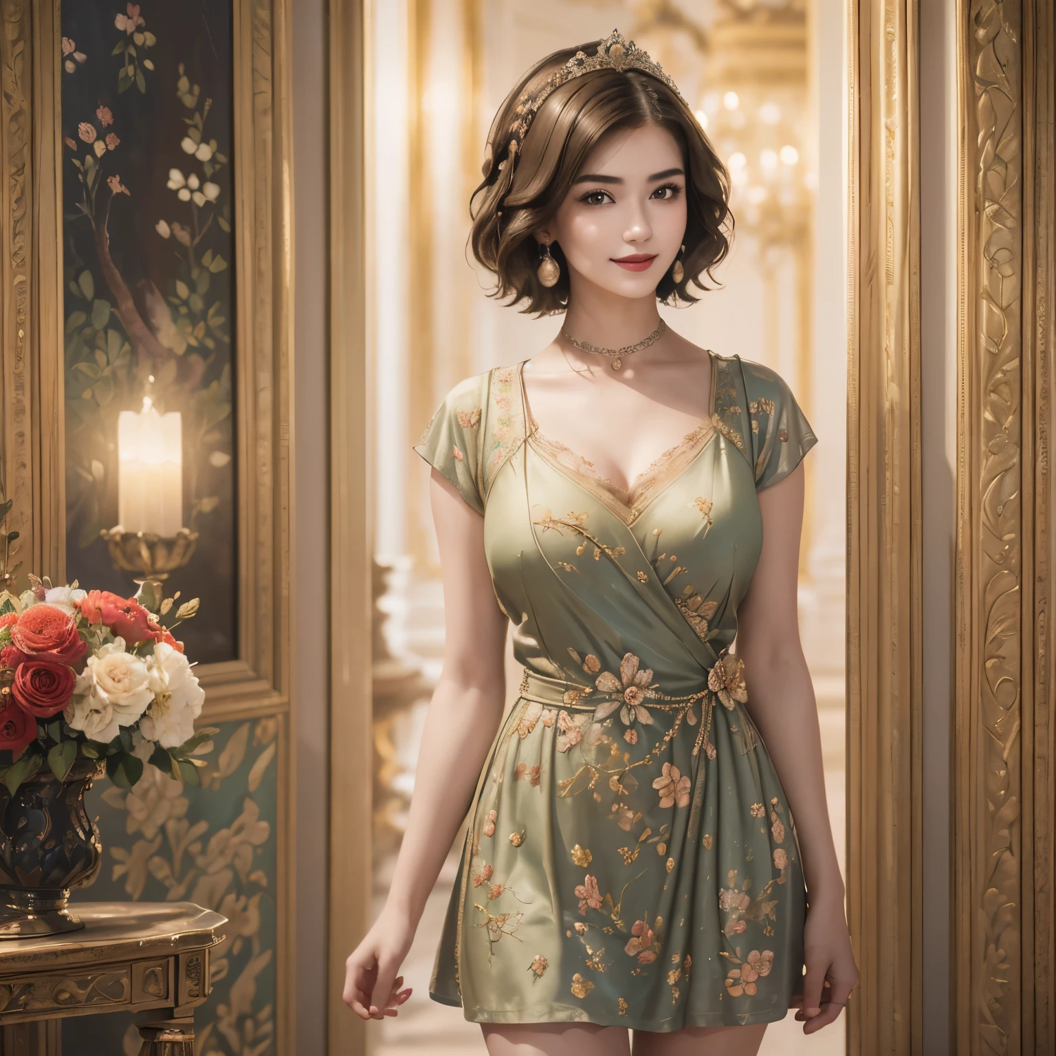 141
(a 20 yo woman,in the palace), (A hyper-realistic), (high-level image quality), ((beautiful hairstyle 46)), ((short-hair:1.46)), (kindly smile), (breasted:1.1), (lipsticks), (is wearing dress), (murky,wide,Luxurious room), (florals), (an oil painting、Rembrandt)