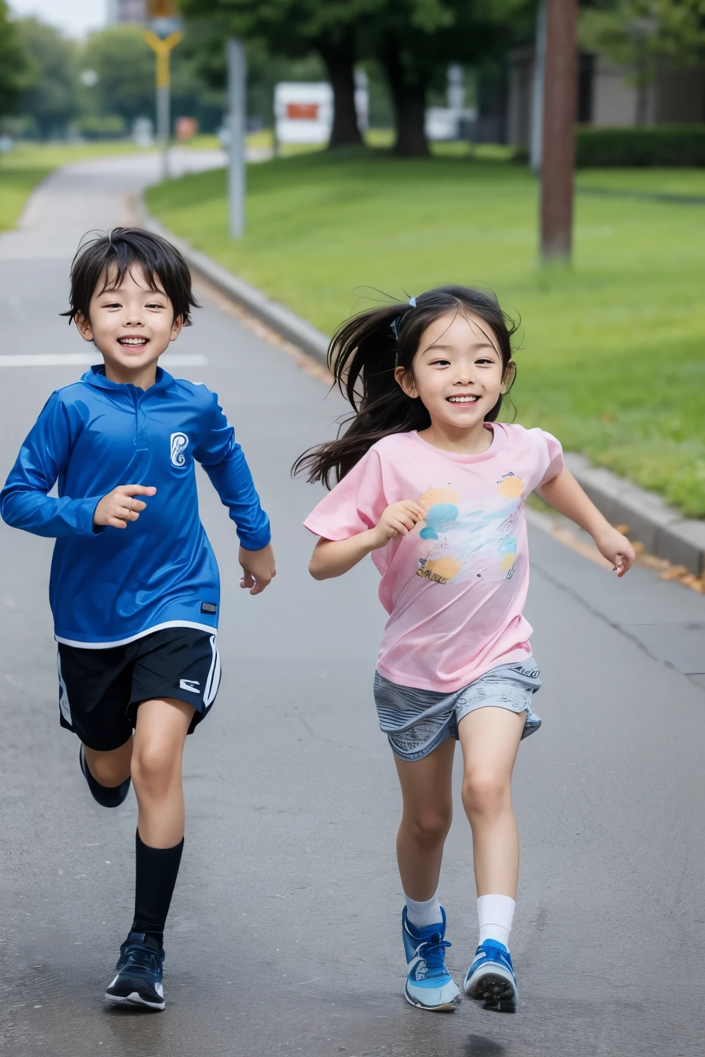 A boy and a girl running towards eachother to hold their hands