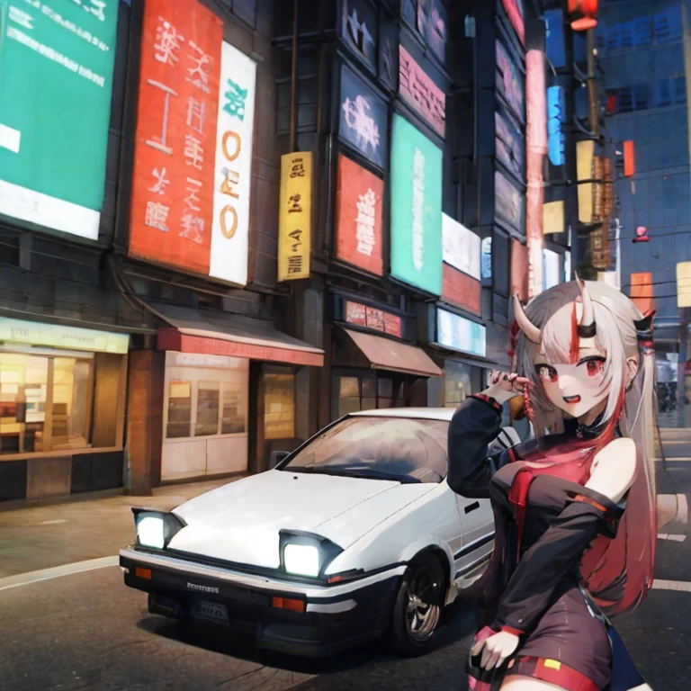 Anime girl on the street with cars and cars, art deco outrun anime aesthestic, cyberpunk streets in japan, Tokyo Anime Scene, best anime 4k konachan wallpaper, Anime style 4 k, in the cyberpunk city, Anime style. 8K, anime cyberpunk, anime cyberpunk art, 8 0 s anime vibe, Cyberpunk Anime Girl, neo tokyo background、A slight smil、opened mouth、embarrassed from、