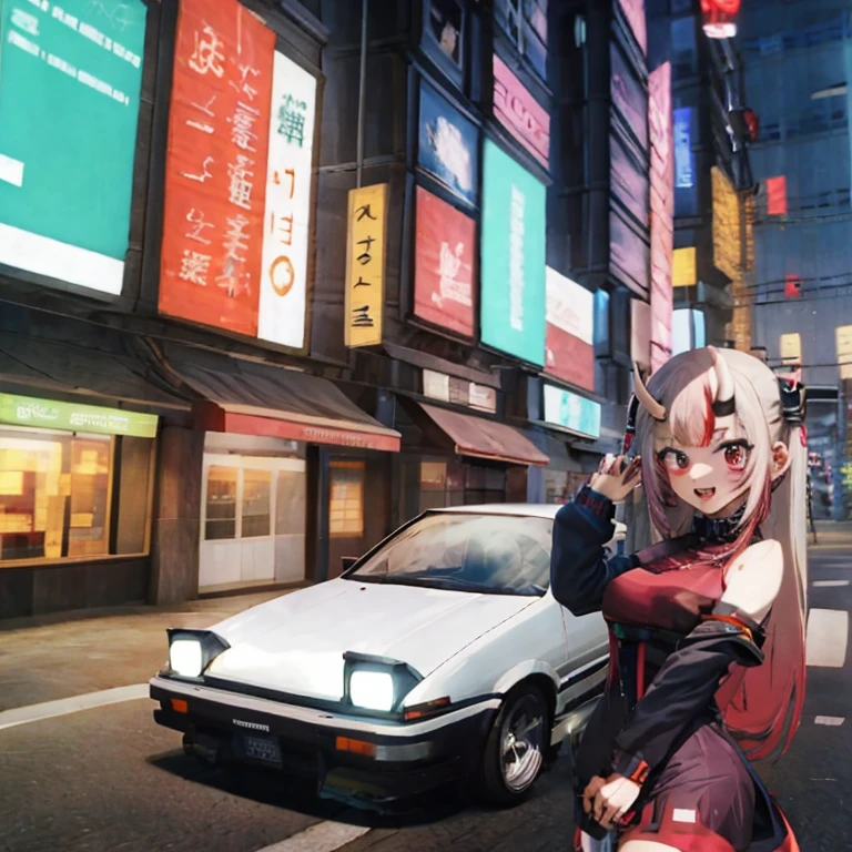 Anime girl on the street with cars and cars, art deco outrun anime aesthestic, cyberpunk streets in japan, Tokyo Anime Scene, best anime 4k konachan wallpaper, Anime style 4 k, in the cyberpunk city, Anime style. 8K, anime cyberpunk, anime cyberpunk art, 8 0 s anime vibe, Cyberpunk Anime Girl, neo tokyo background、A slight smil、opened mouth、embarrassed from、