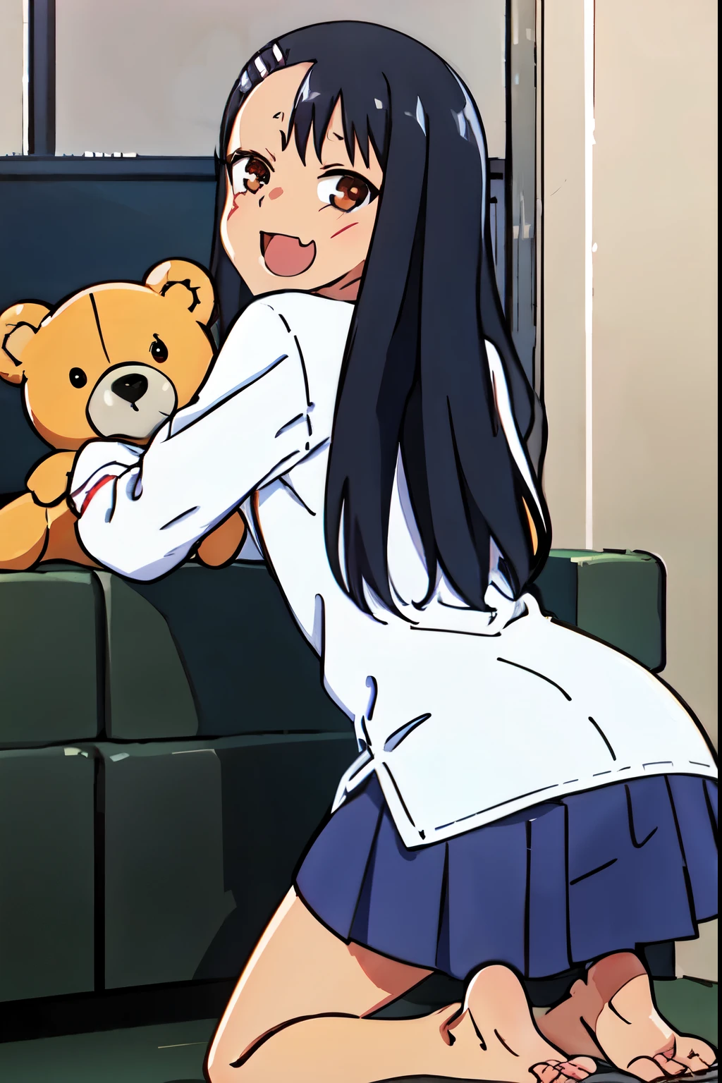 1girl :d anus artist_name barefoot bent_over black_hair blue_skirt brown_eyes christmas_tree cleft_of_venus commentary dark-skinned_female dark_skin earclip english_commentary english_text fang from_behind hair_ornament hairclip highres ijiranaide_nagatoro-san indoors kneeling long_hair long_sleeves looking_at_viewer looking_back miniskirt motion_lines nagatoro_hayase no_panties open_mouth pleated_skirt pussy red_ribbon ribbon shirt skirt smile soles solo stuffed_animal stuffed_toy tan tanline teddy_bear twistedscarlett60 uncensored watermark web_address white_shirt