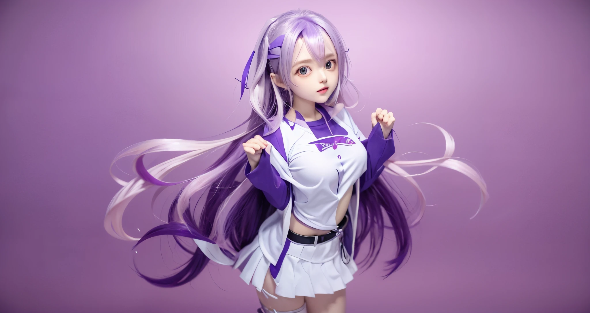 animemanga girl, The purple, JK short sleeves, dolichocephalism x1.5, Silver head, 3D, Details to be announced, Big breasts x1.5, Blank background, dolichocephalism, Clench your hands into fists, Raise your hands flat