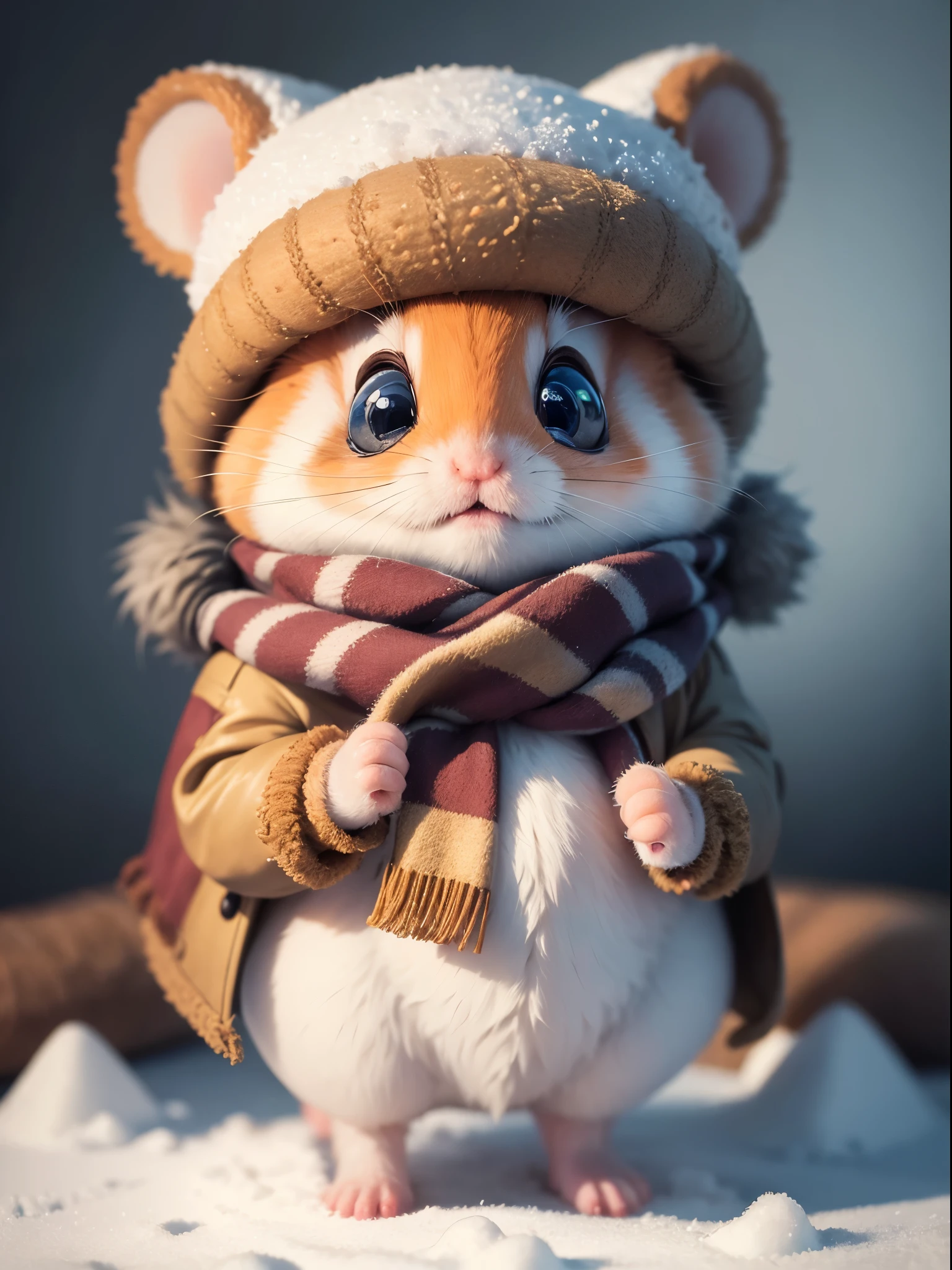 (best quality,highres,masterpiece:1.2),ultra-detailed,claymation,closeup,tiny cute hamster,coat,scarf and hat,standing in the snow,fluffy fur,sparkling eyes,soft lighting