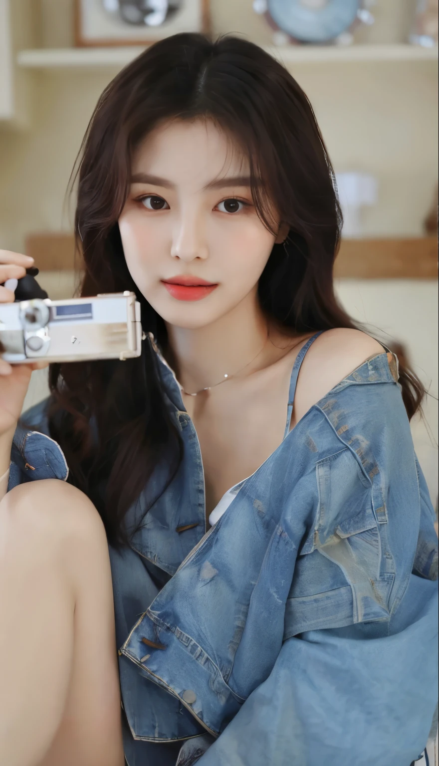 araffe woman in denim jacket holding a camera and posing for a picture, gorgeous young korean woman, beautiful young korean woman, beautiful south korean woman, korean girl, ulzzang, young adorable korean face, korean women's fashion model, popular south korean makeup, portrait of female korean idol, young cute wan asian face, korean woman, 8k selfie photograph