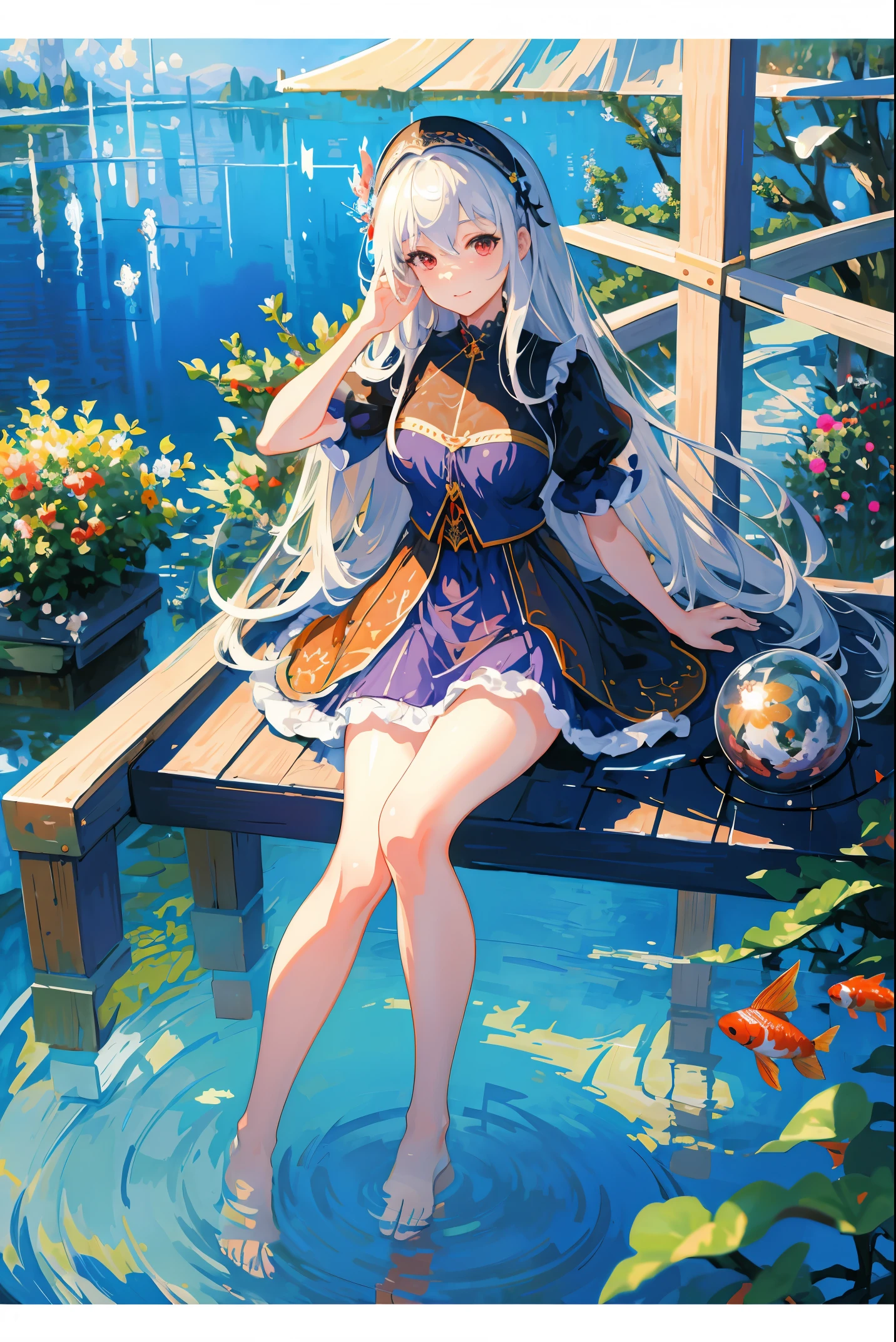[(Transparent background:1.5)::5],(((masterpiece))),(((best quality))),(((extremely detailed))),illustration, 1girl,solo,mysterious,vivid color,shiny, underwater transparent sealed hemispherical glass dome, white hair,red eyes, full body,barefoot,long hair tranquil nature, koi,Underwater, Dome,close up,Dynamic actions,Lens perspective,(((Box composition))),sit cross-legged and lean against the bookshel,(arm + hand + 1thumb + 4finger),(Impressionism:1.4)