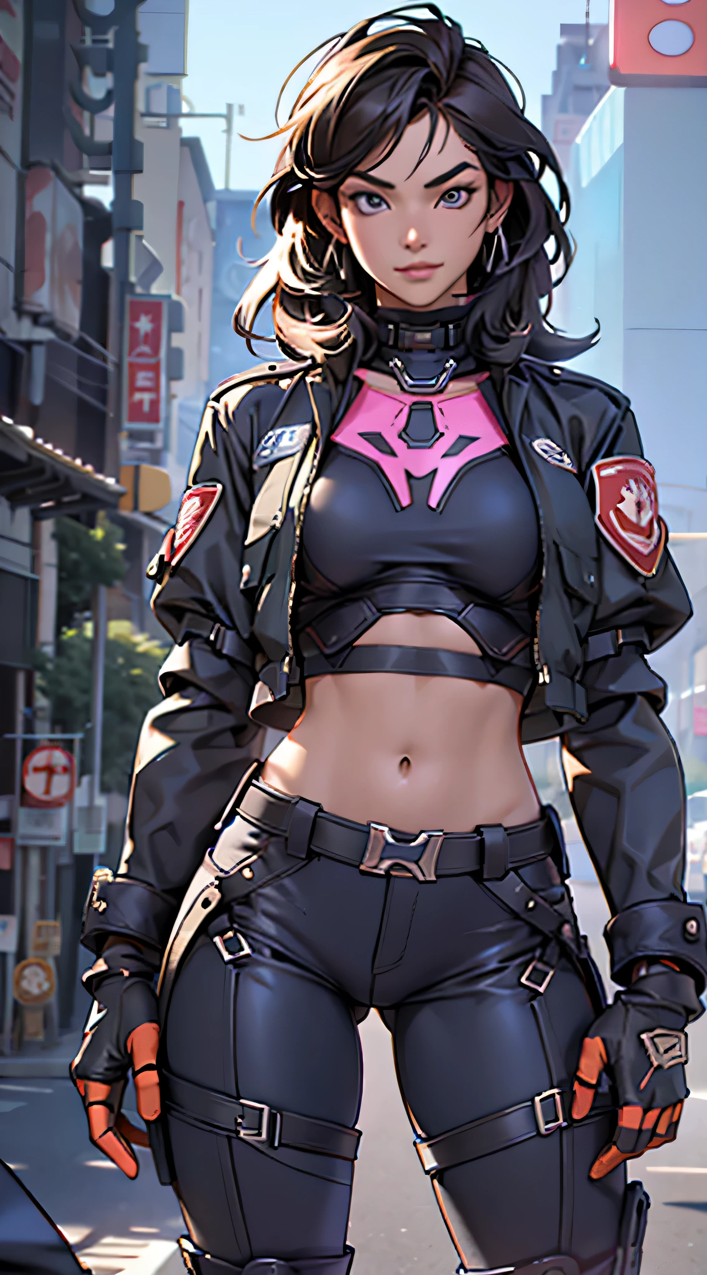 11:23(((Best quality: 1.4))),(Unbeatable masterpiece), (hyper HD),(Hyper-realistic 8k CG)、(One hand up),(dark colored hair) ((( body))), (((1 girl in))), 25-year-old American soldier with perfect body,,Beautiful and well groomed face,muscular body:1.2,Solid royal blue jacket with details, (Pictures from head to thighs), Complex equipment, purpleish color,long trousers,The clothes inside are dark,Clothes with armored metal electronic parts, Poison tattoos )