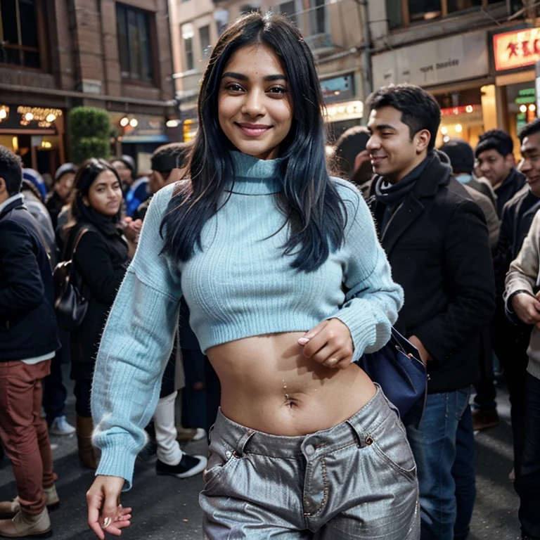 beautiful 16 year old muslim  girl shoulder strap gown and hijab, navel piercing and denim skirt, big beautiful eyes realistic hd 8k, long black hair , party in the background, pub, full photo of girl dancing with her friends, at the party, realistic hd 8k, 