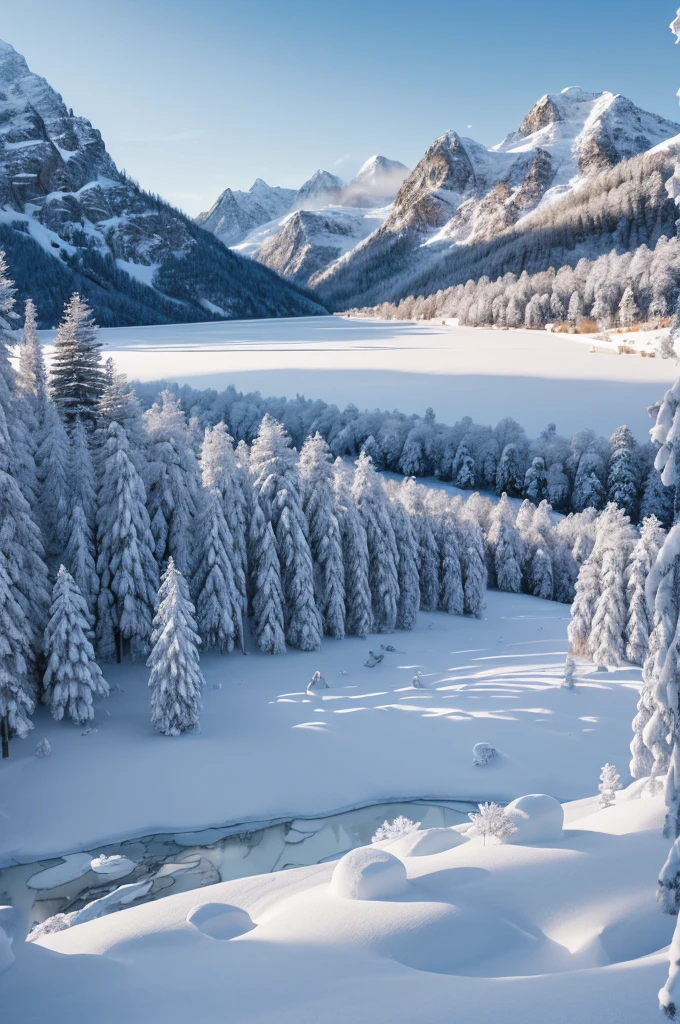 (best quality,4k,8k,highres,masterpiece:1.2),ultra-detailed,realistic:1.37,winter landscape,winter wonderland,grandfather,granddaughter,playful,happy,laughter,joyful,family bonding,tall trees,dense forest,majestic mountains,snow-covered hills,distant peak,glistening snow,crisp,cold air,frosty breath,giggles,snowflakes falling,soft powdery snow,white frost,cold mountainside,blazing sunshine,sparkling icicles,serene tranquility,frozen lake,peaceful atmosphere,pure white,blue sky,breathtaking view,magical winter scene,merry memory,laughter echoing in the mountains