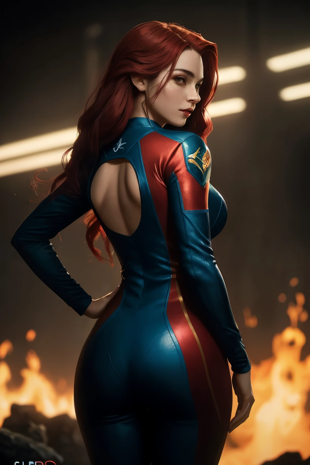 A striking portrait of the League of Legends character Jinx, clad in her signature black and red suit. Her body is positioned confidently, with her left hip jutting out slightly, showcasing her unique sense of fashion. Her left hand rests on her hip, while her right hand holds a smirk on her face. Her long, flowing red hair cascades down her back, adding a touch of fiery color to the overall monochromatic scheme. The background of the image is intentionally blurred, drawing the viewer's attention solely to Jinx and her striking appearance. However, the League of Legends logo can be seen subtly embossed on her suit, reinforcing her connection to the game and her iconic status within the League., cinematic shot, dynamic lighting, 75mm, Technicolor, Panavision, cinemascope, sharp focus, fine details, 8k, HDR, realism, realistic, key visual, film still, superb cinematic color grading, depth of field, natural beauty