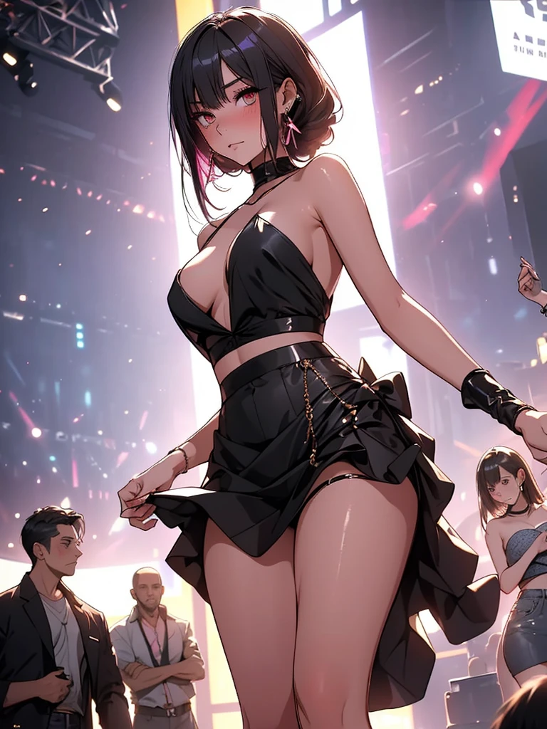 1girl,a beautiful fashion model ,(masterpiece, official art, best quality) (perfect eyes) ,long and shiny black hair, , hair strand between eyes, full lips, upturned nose medium boobs, , elegant makeup, exhibitionism, naked in public, , slim thighs, toned body, shiny skin, sexy pose,,(( (slender, skinny, slim))), gold hoop earrings, pink eyeshadow, cute face, (((girl with man))) embarassed, coy, surprised, blush, glittery skin, girl dancing on stage, skinny thighs, narrow hips, skirt lift