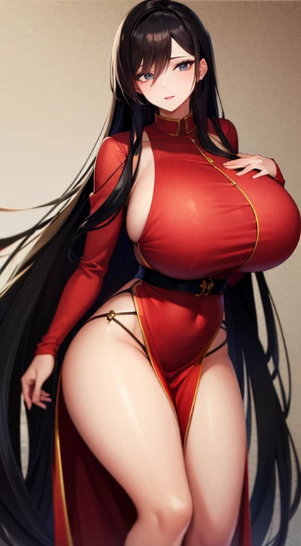 High quality) a hot beautiful girl , seductive eyes and lips, long black hair, nice body, narrow waist, beautiful eyes, wearing red short dress, having huge huge brest, seductive expression