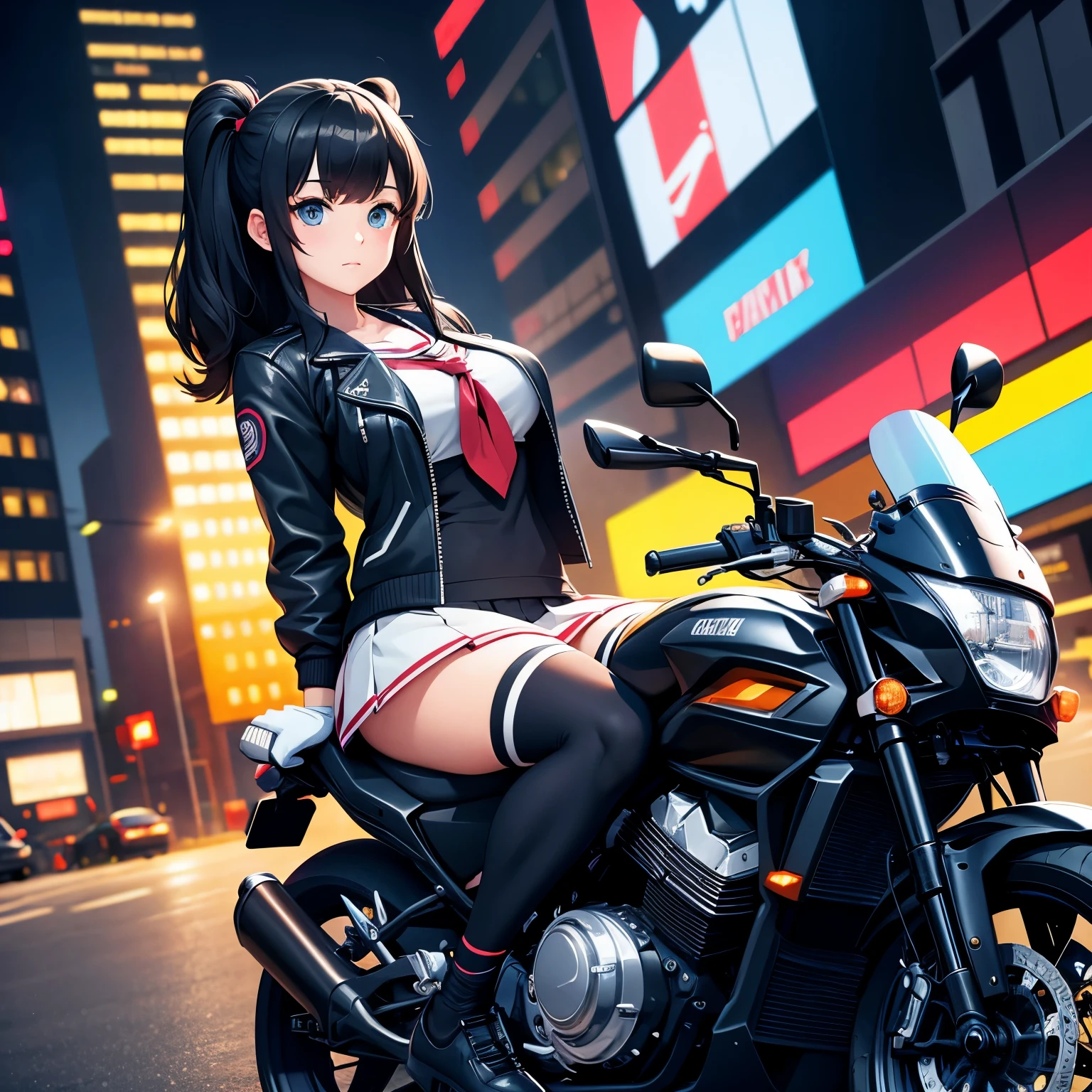 masterpiece, best quality, 1girl, solo, jacket, school uniform, serafuku, thighhighs, wearing gloves, wearing backpack, black hair, black eyes, cyberpunk, street, machinery, motor vehicle, motorcycle, panorama, wearing helmet, speed line, depth of field, motion blur, perspective, panorama, riding, floating hair, night, neon trim, hand on hand grip,