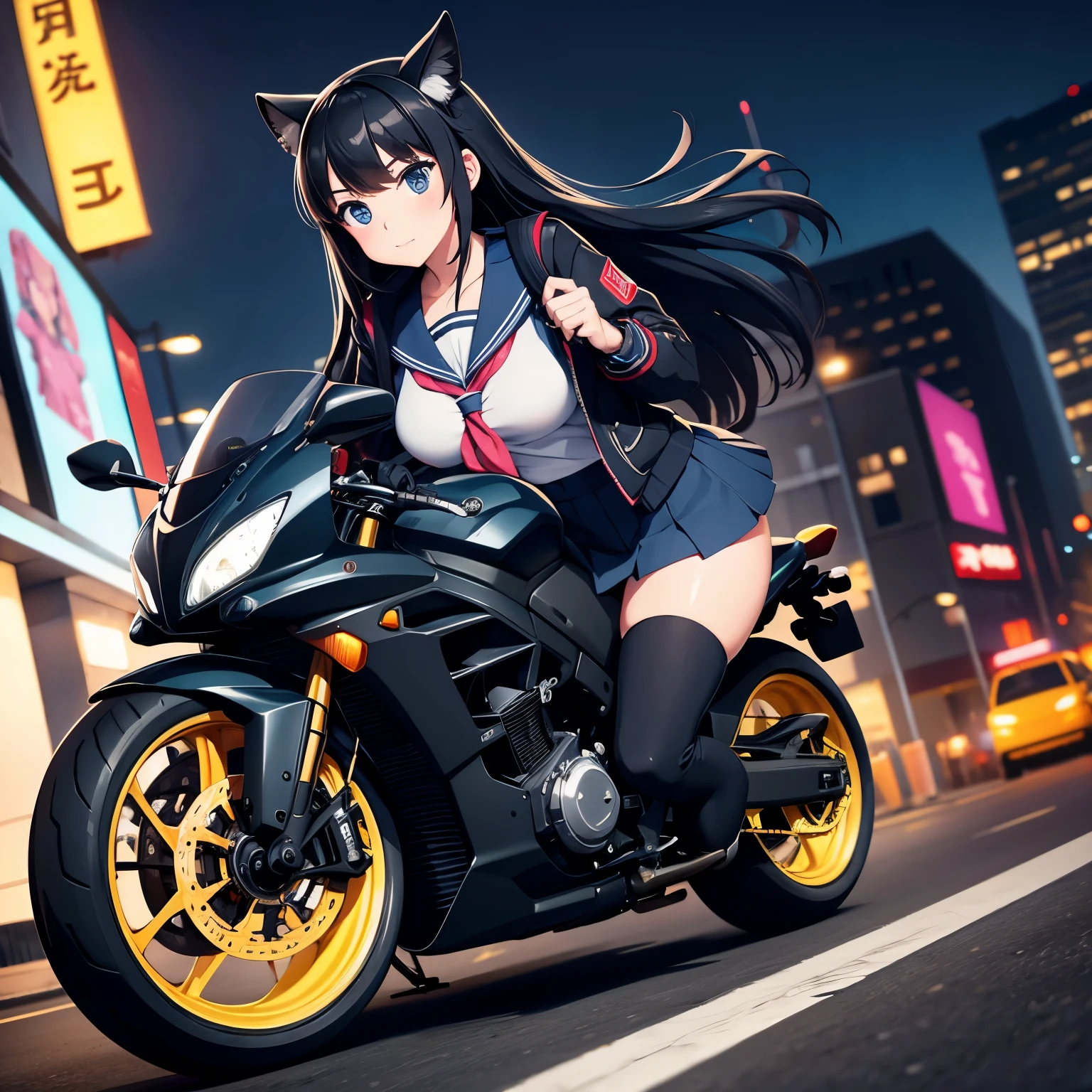 masterpiece, best quality, 1girl, solo, jacket, school uniform, serafuku, thighhighs, wearing gloves, wearing backpack, black hair, black eyes, cyberpunk, street, machinery, motor vehicle, motorcycle, panorama, wearing helmet, speed line, depth of field, motion blur, perspective, panorama, riding, floating hair, night, neon trim, hand on hand grip,