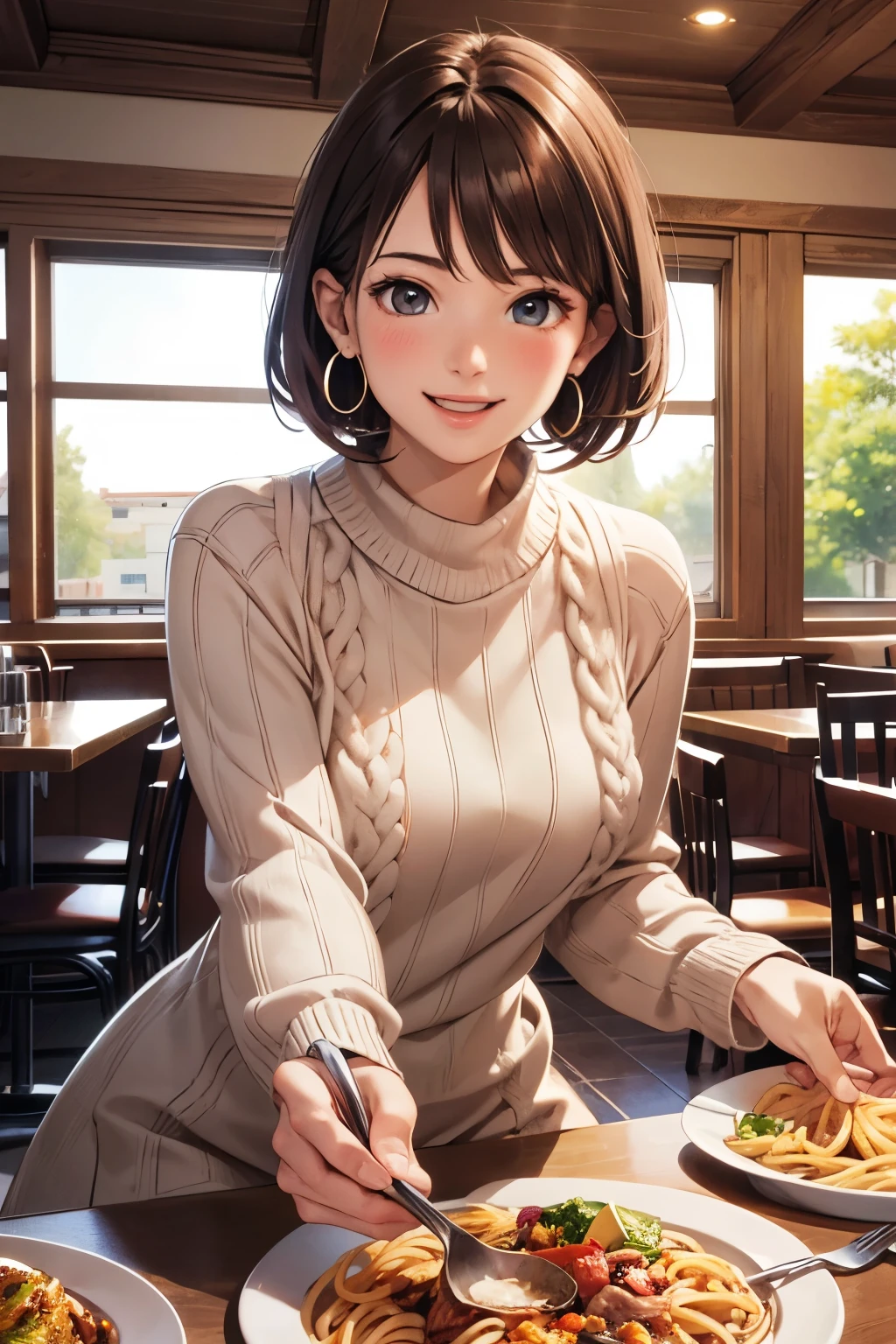 (masterpiece), (best quality), high resolution, ultra detail, photorealistic, 8K, intricate face, detailed body, detailed face, beautiful,
BREAK
1 girl, solo, short hair, brown hair, bangs, (wearing sweater dress), Hoop Earrings
BREAK
family restaurant, table, italian food, pasta, happy smile, wide open mouth, blush, from front