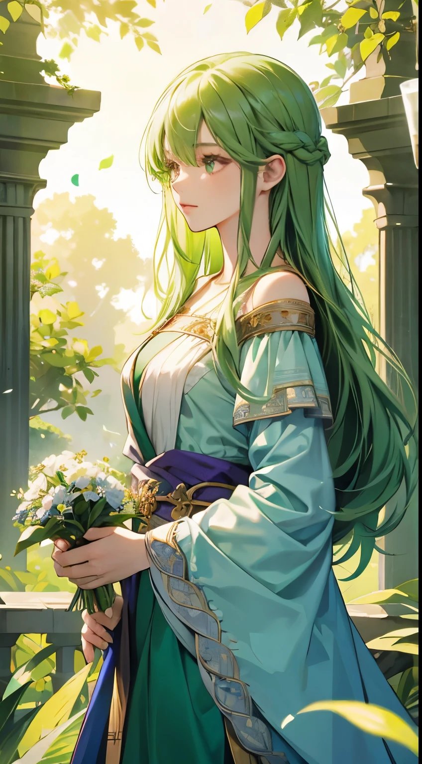 One lady、Green hair、INFP、Long hair、goddess like、holding flowers、Fairy