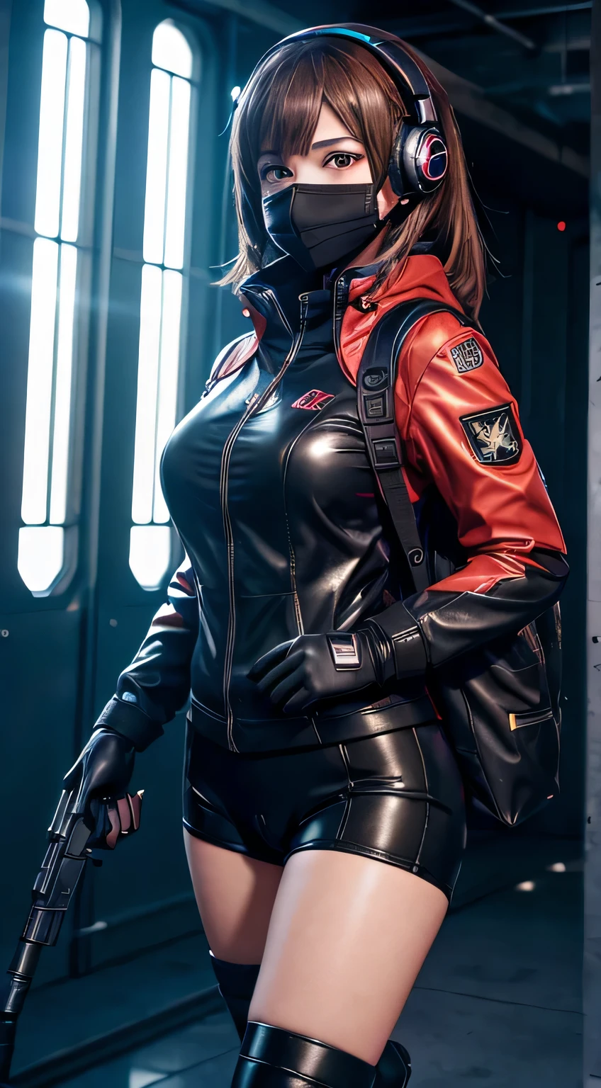 ((High quality)), ((masutepiece)), 8K, 1girl in, Bolides, llight rays, extremely detailed CG unity 8K wallpaper, cg game, Looking at Viewer, gloves, long boots, Full body, Watch , a computer, Mask, drone, holding gun, headphones, Jacket, Bag, backpack, Cameltoe, neons
