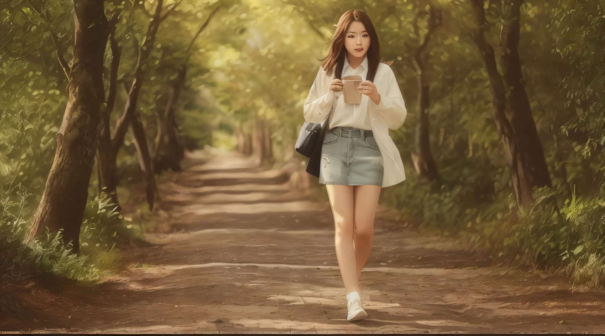 There is a korean girl, k-pop star schoolgirl, loira de cabelos loiros de 20 anos, who is walking along a path in the forest, lorean blonde girl Caminhando na floresta, saia curta plissada xadrez, Caminhando ereto em uma floresta, Caminhando na floresta, schoolgirl, blonde k-pop star Caminhando na floresta, no caminho da floresta, desfrutando de um passeio na floresta, caminhando em uma floresta, menina que caminha na montanha, Passeando na floresta