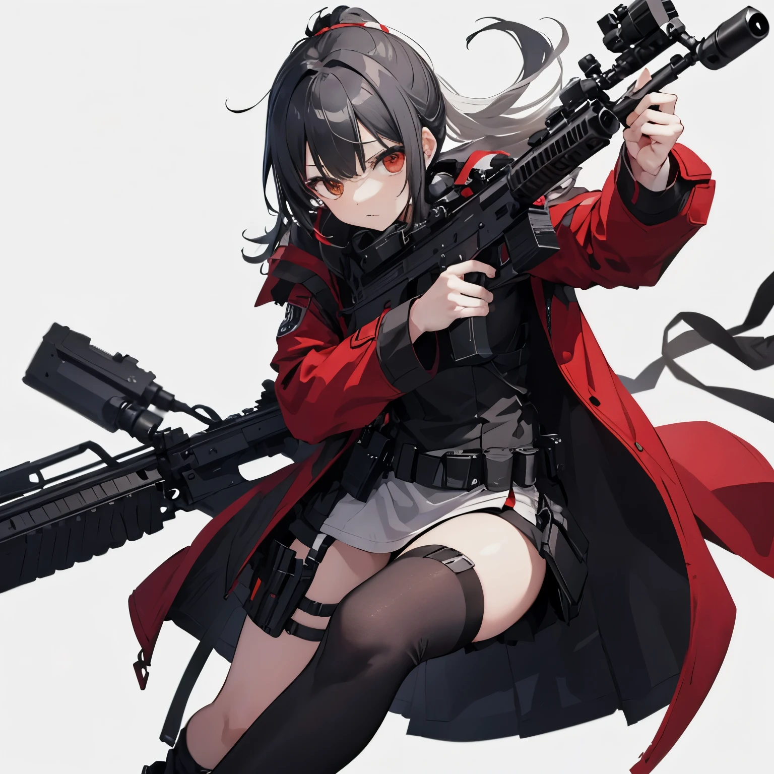 (masutepiece:1.2, Best Quality),  [1 girl, expressioness, (oversized red coat:1.5), Black hair, Low ponytail, Red Eyes, body harnesses,black military uniform, black tights ] (Gray white background:1.5),  (Holding a Rifle, Aiming:1.2), H&K HK416,