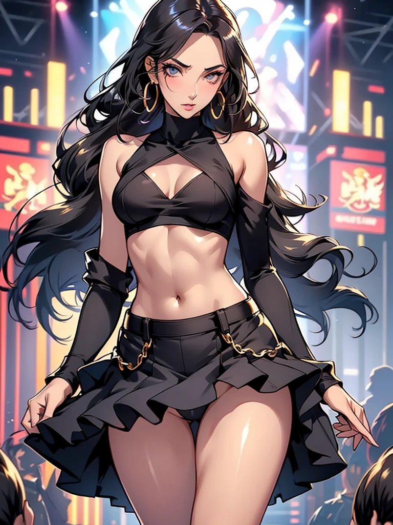 1girl,a beautiful fashion model ,(masterpiece, official art, best quality) (perfect eyes) ,long and shiny black hair, , hair strand between eyes, full lips, upturned nose medium boobs, , elegant makeup, exhibitionism, naked in public, , slim thighs, toned body, shiny skin, sexy pose,,(( (slender, skinny, slim))), gold hoop earrings, pink eyeshadow, cute face, (((girl with man))) embarassed, coy, surprised, blush, glittery skin, girl dancing on stage, skinny thighs, narrow hips, skirt lift