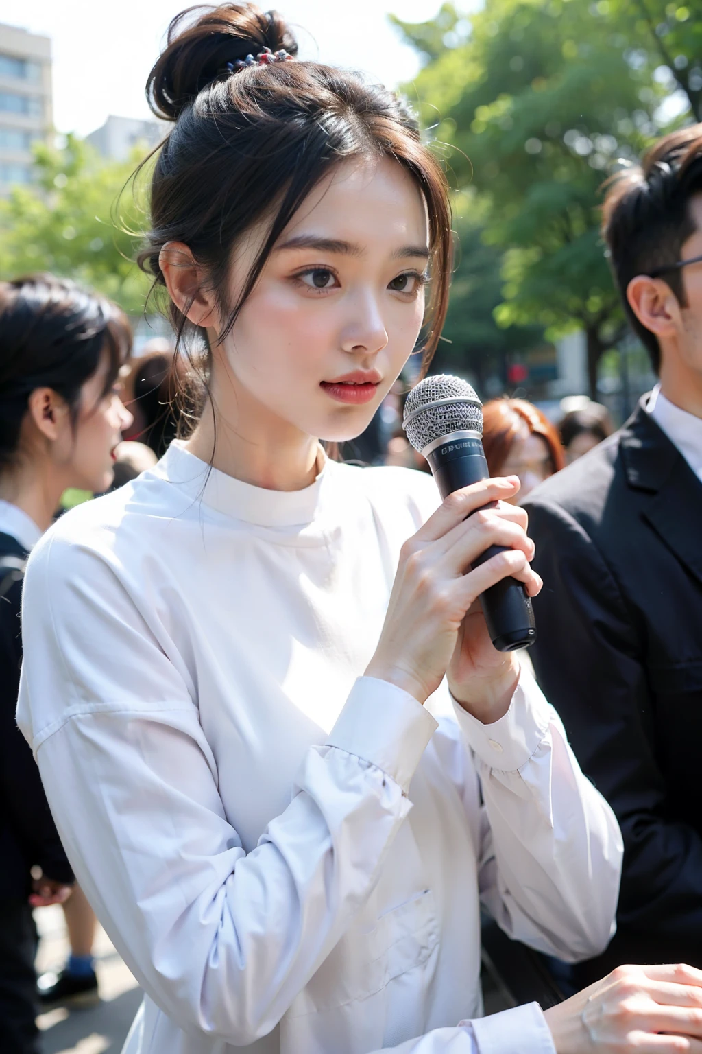 ((Best quality at best)), ((tmasterpiece)), (detailed), The background is an outdoor park,natural classic face,Two women,A man is talking with a microphone in his hand,A girl records work nearby,long sleeve work uniform,Hair tied up,中景 the scene is