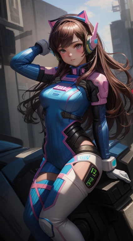 Masterpiece, Best Quality, High Resolution, 1Girl, Ultra High Resolution, Solo, Mecha Pilot, D.VA, Headphones, Pink Eyes, Cat Face Adornament, Blue Tights, Brown Hair, White Gloves,