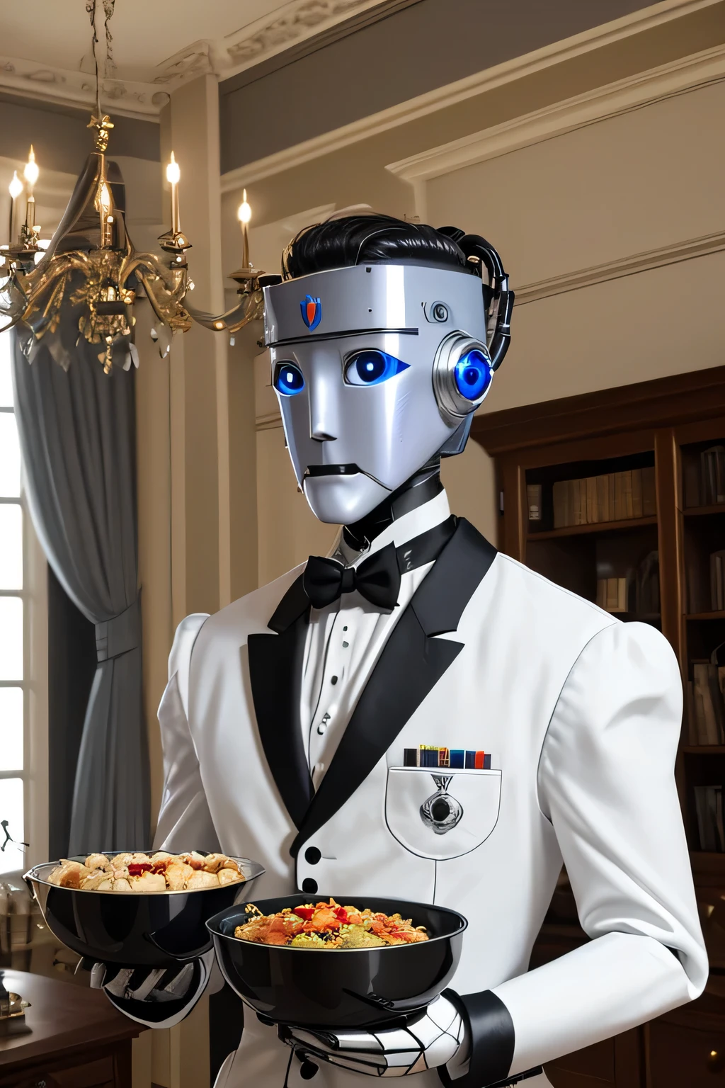 robot carrying food,  (Butler Uniforms), in an aristocratic mansion, (ROBOT FACE:1.3), (masutepiece), (Best Quality), (ultra high detail)