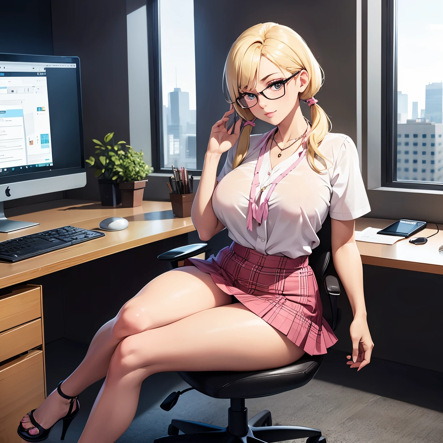 full body, slim waist, pink eyeliner, glasses, heavily made up, perfect hands, colossal breasts, long shapely legs, 1 girl, blonde hair with pigtails, sitting in an office chair, short sleeve blouse, short skirt plaid, tan strappy heels, effortless half up half down hairstyle, delicate layered necklace.