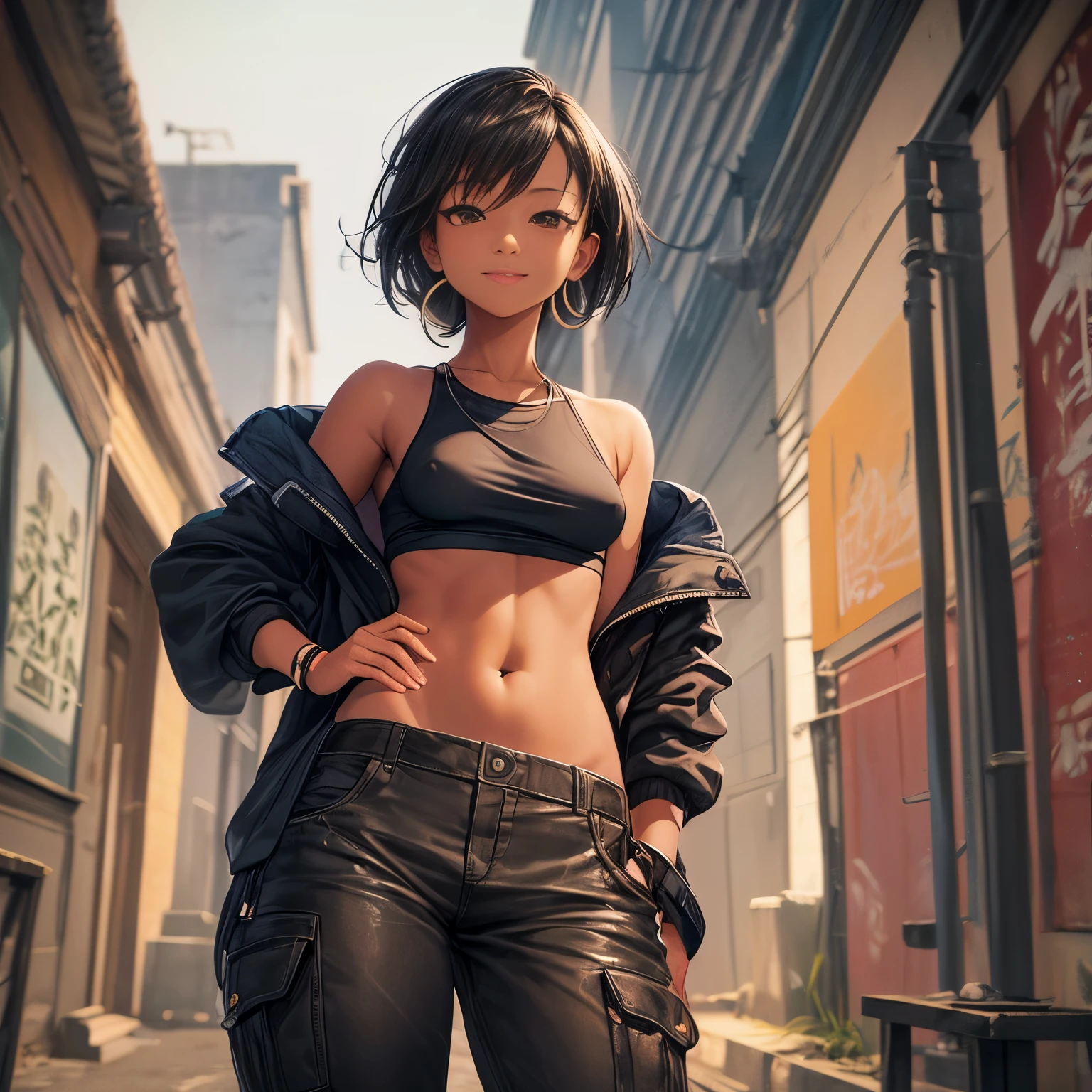 photograph of-realistic,Best quality,A masterpiece of Japanese painting style:environment:the night,Streets with alleys and graffiti on walls,neon,Young very dark african woman,20 years old,Brown eyes,Large hoop earrings,Short dark brown black power hair,perfect body figure,chiseled buttocks,smallunderboob,She was wearing a tight black mini top,Well defined her breasts and nipples,Exposed shoulders,Exposed belly,Added belly button piercing,Loose military pattern camouflage pants,White sneakers,smile and naughty look,Makeup,hip-hop pose,Add a black street cat
