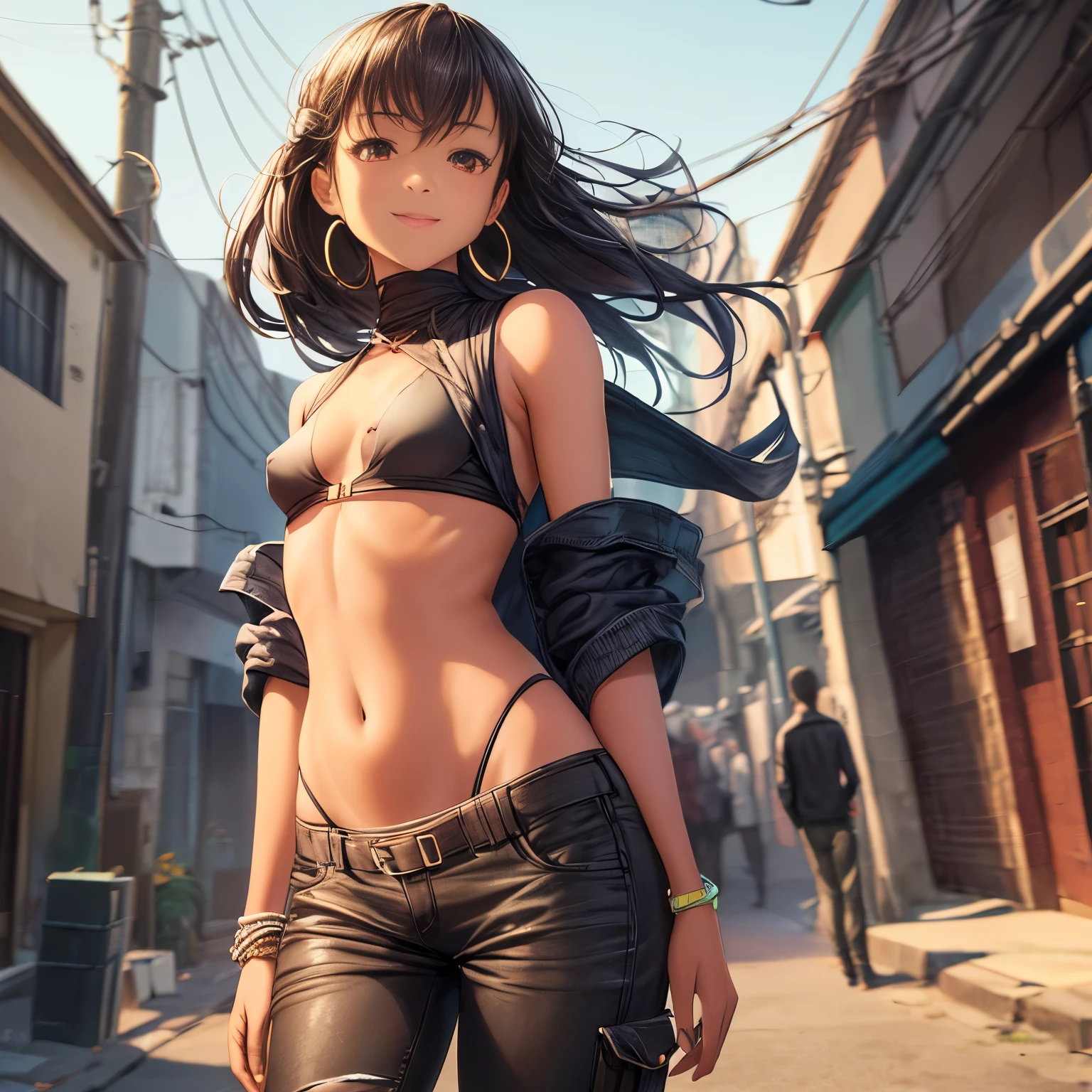 photograph of-realistic,Best quality,A masterpiece of Japanese painting style:environment:the night,Streets with alleys and graffiti on walls,neon,Young very dark african woman,20 years old,Brown eyes,Large hoop earrings,Short dark brown black power hair,perfect body figure,chiseled buttocks,smallunderboob,She was wearing a tight black mini top,Well defined her breasts and nipples,Exposed shoulders,Exposed belly,Added belly button piercing,Loose military pattern camouflage pants,White sneakers,smile and naughty look,Makeup,hip-hop pose,Add a black street cat