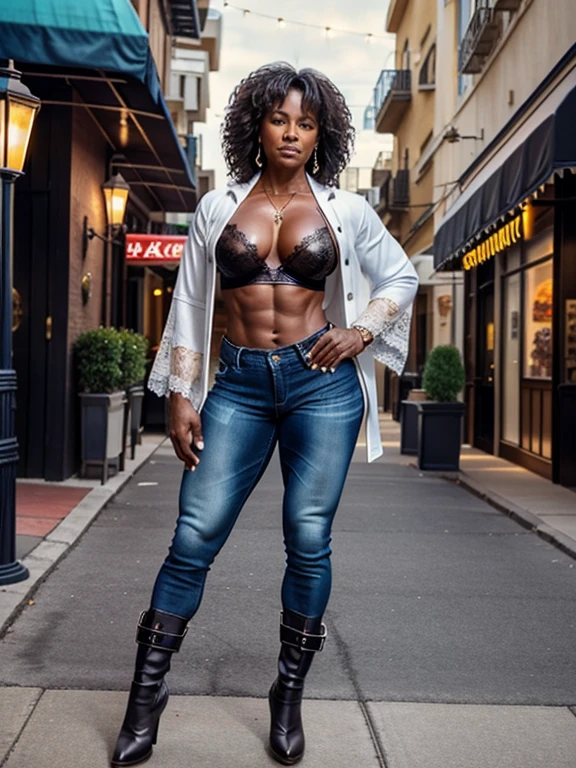 50 year old, black woman, bodybuilder, big muscles, big thighs, realistic, (leather boots:1.2), high heels, standing outside restaurant next to a street lamp, denim pants, lace bra, lace robe
