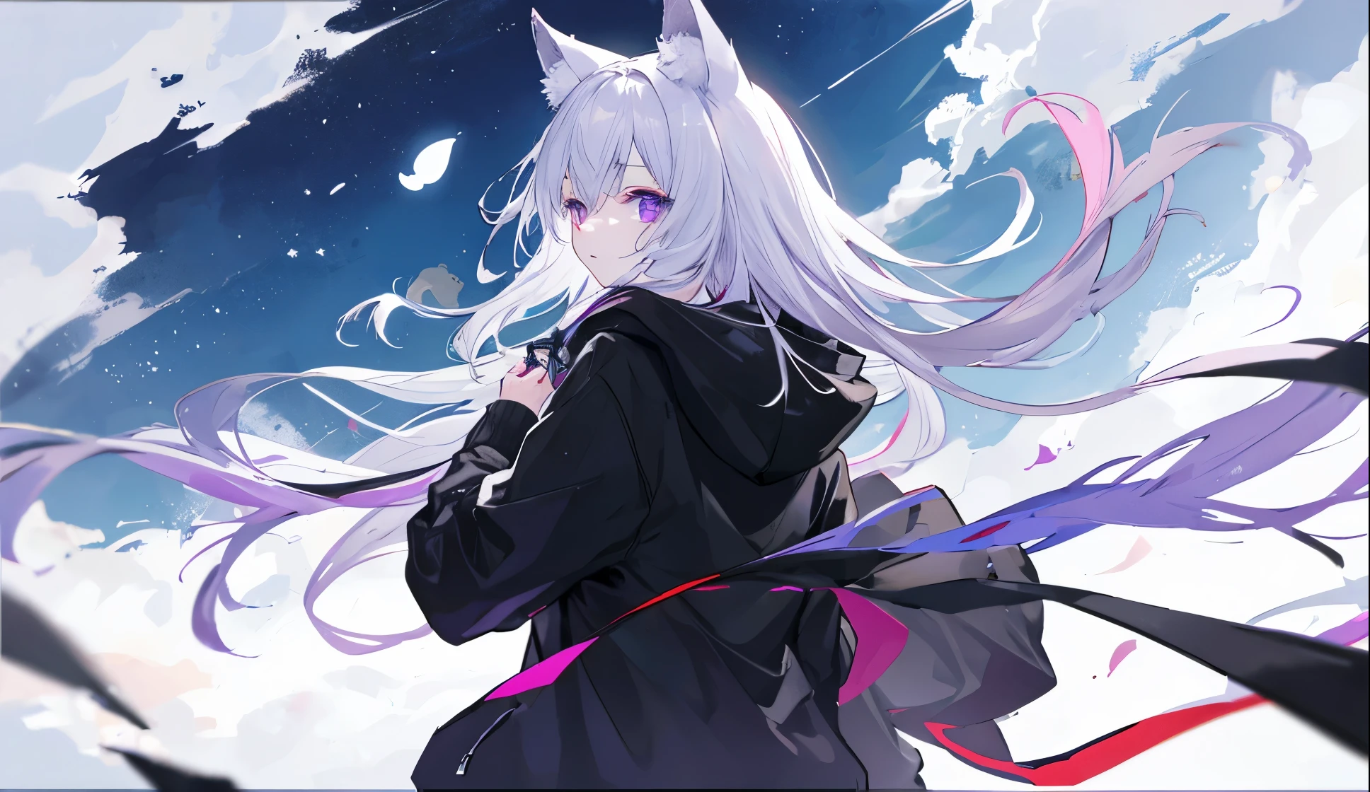 ((Best Quality)),up、Wearing a black hoodie、looked lonely、He had gray hair and furry ears.、eyes are purple、wolf girl。The back is black。The wind is blowing、Hair is fluttering。
