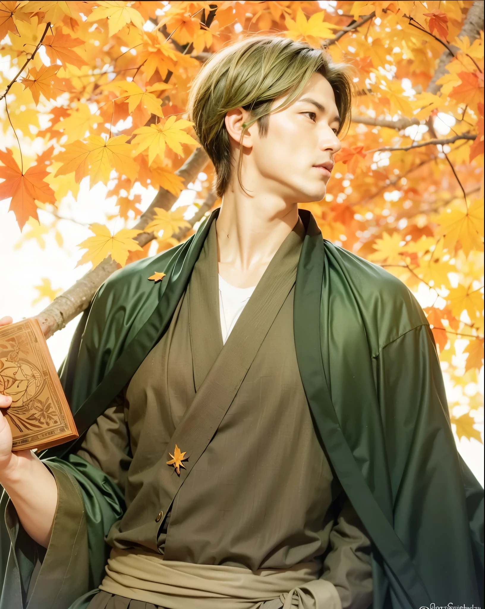 Shigure souma, fruits basket, man, masculine face, middle age, olive kimono with maple leafs motive, dark green outer, holding a brown book, spiky hair, maple leafs
