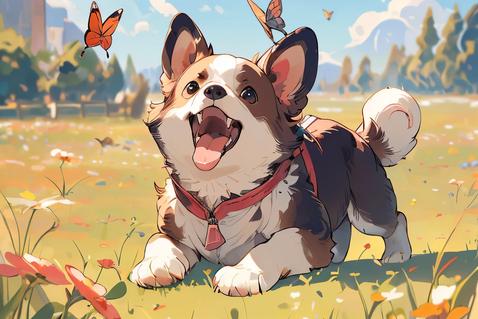 ,(Masterpiece:1.2, high quality),
bug, no humans, butterfly, open mouth, flower, looking up, brown eyes, animal focus, fangs, animal, outdoors, dog, grass, pink flower, day, zipper