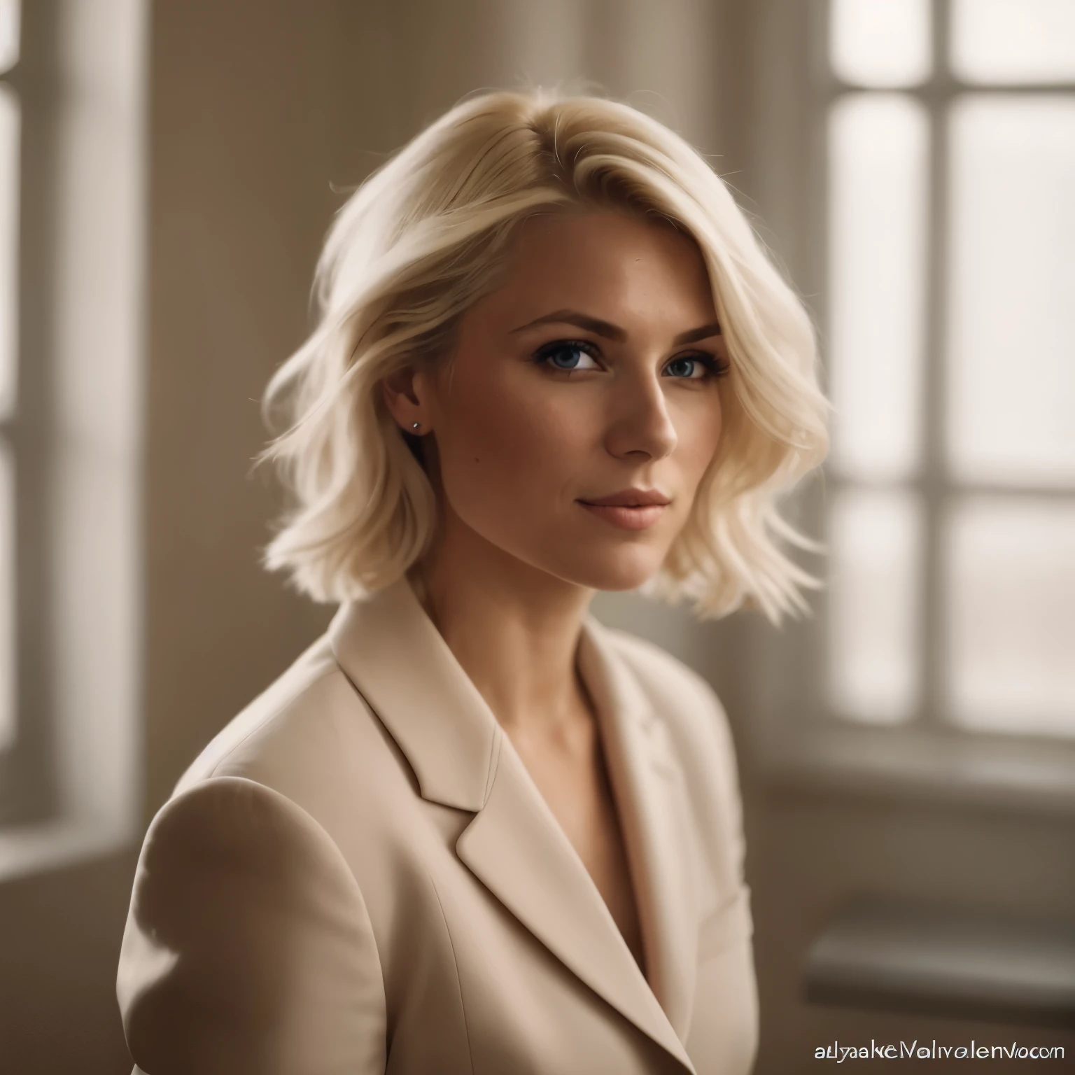 a close up of a woman with blonde hair wearing a suit, irina nordsol kuzmina, blonde swedish woman, yelena belova, blonde woman, blonde and attractive features, aleksandra waliszewska, attractive woman, photo of a beautiful woman, lovely woman, by Emma Andijewska, blonde women, beautiful woman, short wavy blond hair