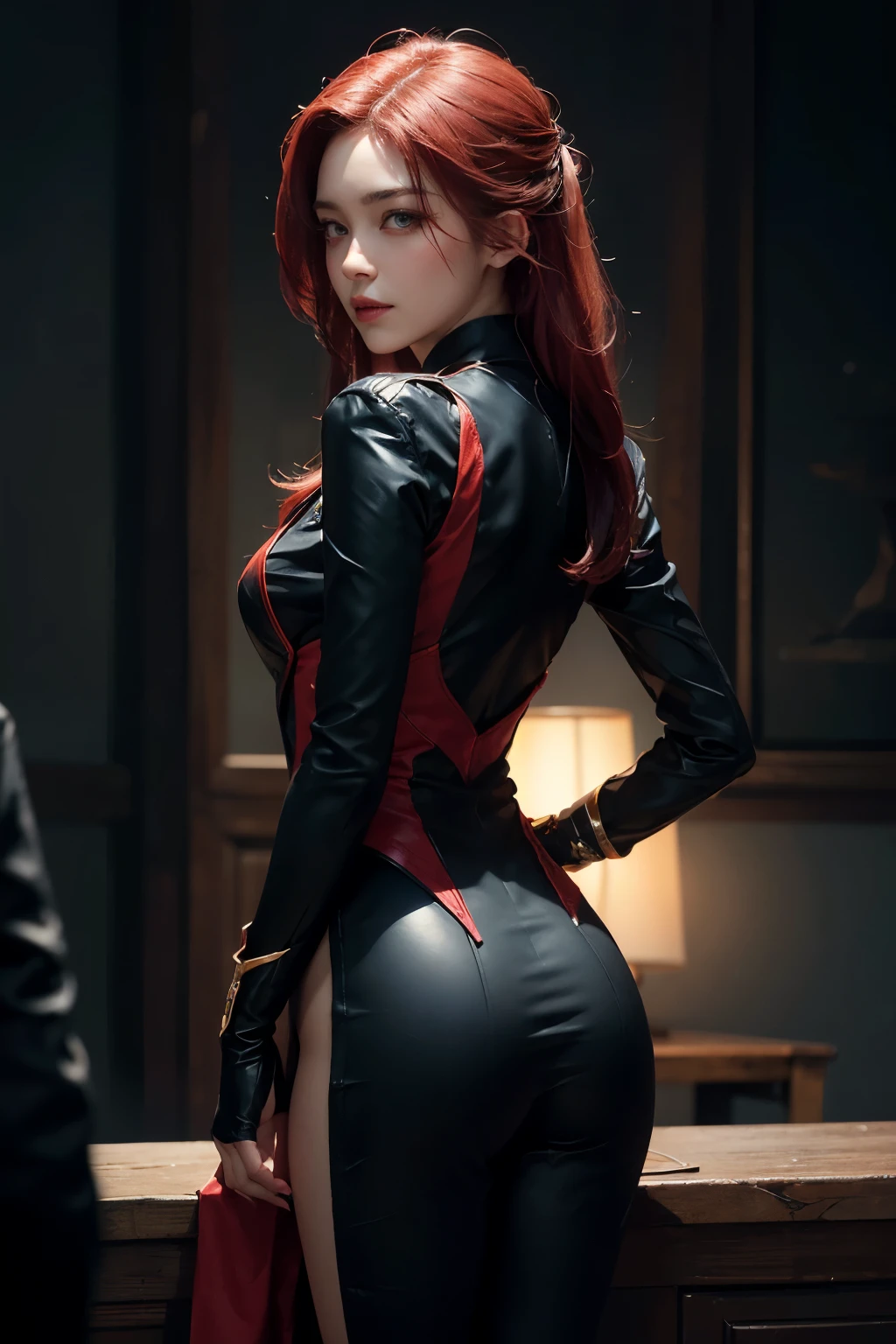 A striking portrait of the League of Legends character Jinx, clad in her signature black and red suit. Her body is positioned confidently, with her left hip jutting out slightly, showcasing her unique sense of fashion. Her left hand rests on her hip, while her right hand holds a smirk on her face. Her long, flowing red hair cascades down her back, adding a touch of fiery color to the overall monochromatic scheme. The background of the image is intentionally blurred, drawing the viewer's attention solely to Jinx and her striking appearance. However, the League of Legends logo can be seen subtly embossed on her suit, reinforcing her connection to the game and her iconic status within the League., cinematic shot, dynamic lighting, 75mm, Technicolor, Panavision, cinemascope, sharp focus, fine details, 8k, HDR, realism, realistic, key visual, film still, superb cinematic color grading, depth of field, natural beauty