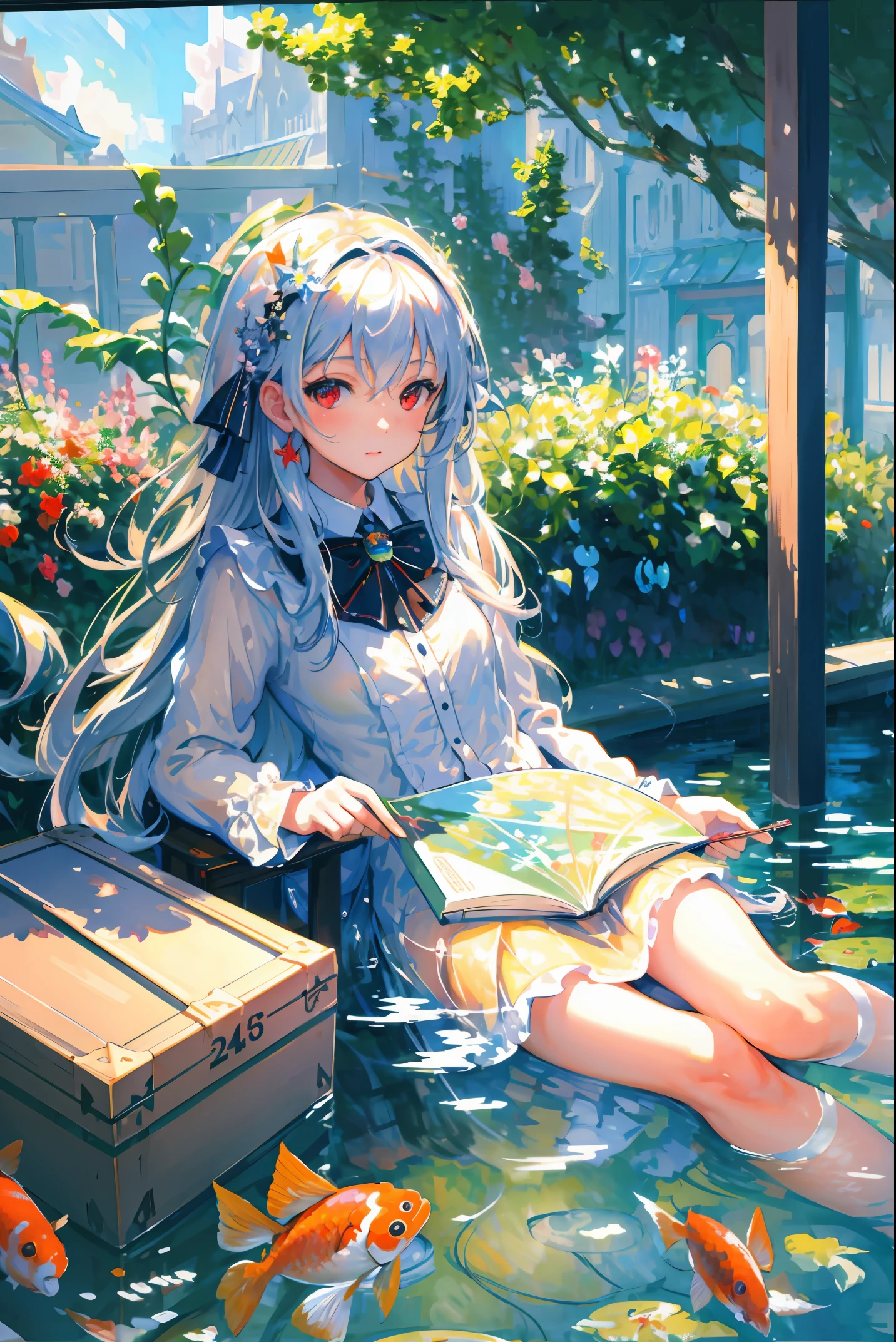 [(Transparent background:1.5)::5],(((masterpiece))),(((best quality))),(((extremely detailed))),illustration, 1girl,solo,mysterious,vivid color,shiny, underwater transparent sealed hemispherical glass dome, white hair,red eyes, full body,barefoot,long hair tranquil nature, koi,Underwater, Dome,close up,Dynamic actions,Lens perspective,(((Box composition))),sit cross-legged and lean against the bookshel,(arm + hand + 1thumb + 4finger),(Impressionism:1.4)