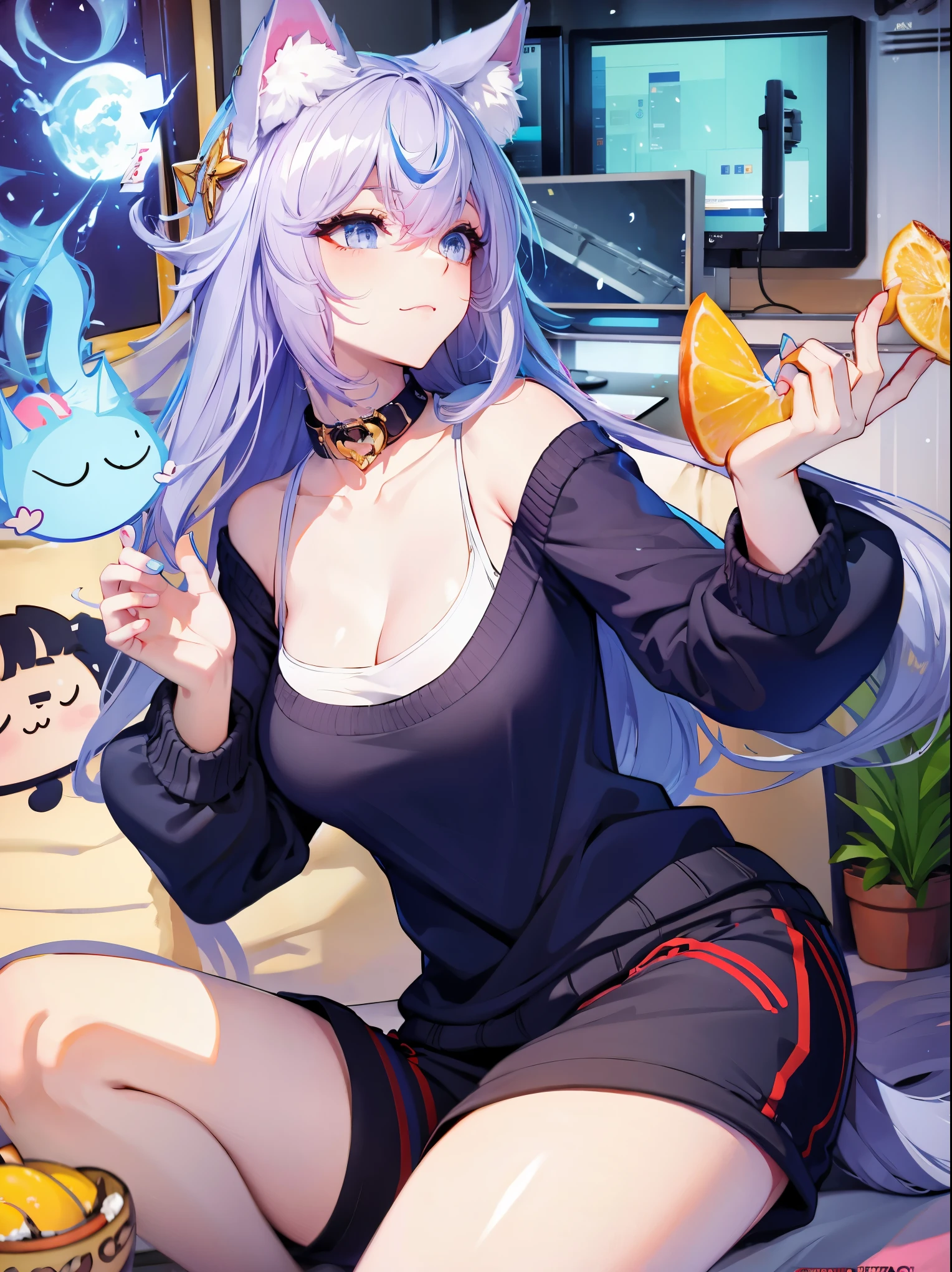 Tang Wutong, bug boobs, cute, wearing a sweater and shorts, cat ears, bedroom, home