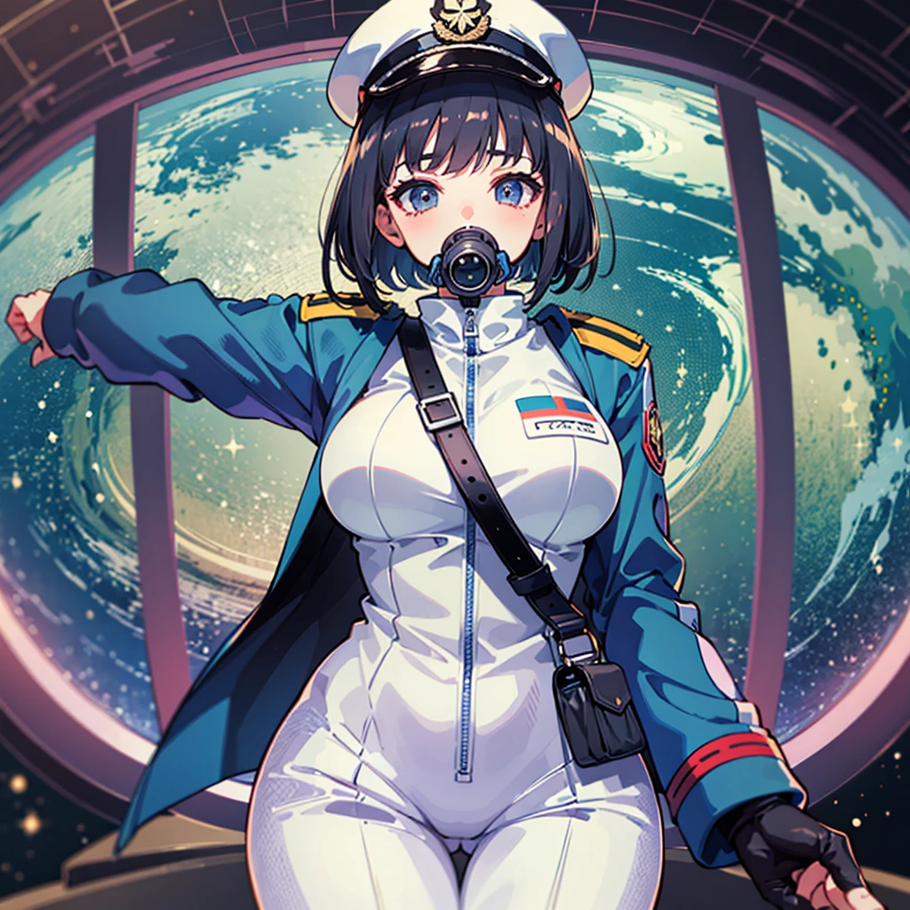 （（（​masterpiece、Top image quality、top-quality、highly detailed unity 8ｋwall-paper）））、（Illustration of one woman）、30-years old、（Viceroy）、（（Black hair bob cut））、（（（Gas mask covering the mouth）））、（（（Gas mask covering the mouth）））、Gray eyes、（（Tall））、（（huge tit））、（（Military uniforms））、（（Military Cap））、（（Military coat））、（white  clothes）、（White pants）、（White cap）、trench coat、（（（space station observation deck、Earth seen from space）））